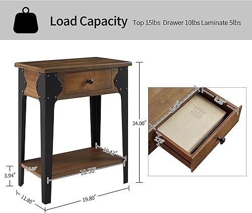 Miniatura 2 de Art Leon Mesita de noche vintage, mesa auxiliar con cajón y estante de almacenamiento, mesita de noche con patas de metal negro para oficina en casa