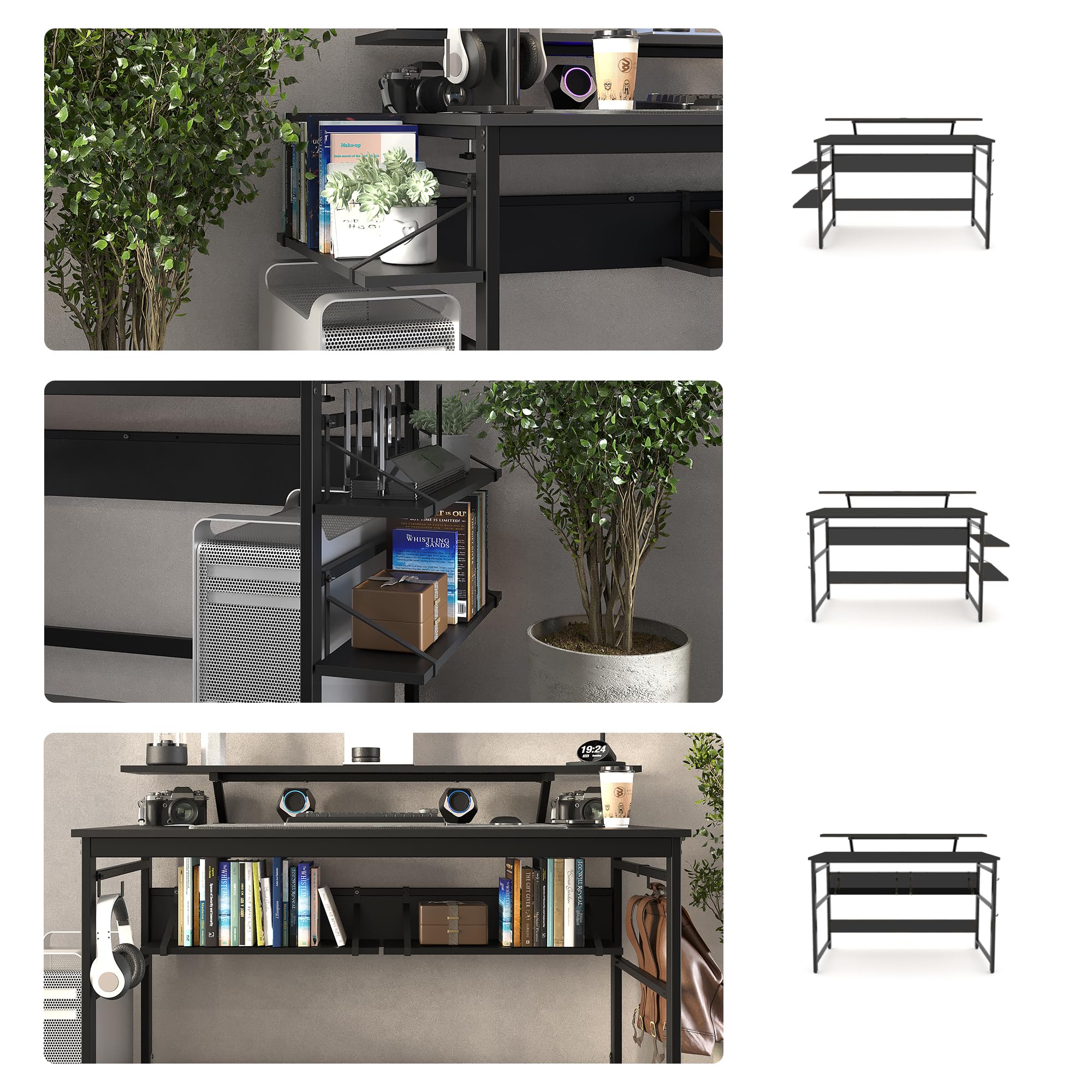 Mondeer Scrivania per computer, postazione di lavoro con 2 ripiani regolabili e grande supporto per monitor, salvaspazio, per casa, ufficio, studio, 120 x 60 x 90 cm, nero