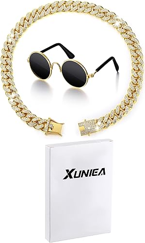 Miniatura 8 de Xuniea Juego de 2 piezas de collar de cadena y lentes de sol para gato, perro, collar de diamantes de imitación con hebilla segura, lentes redondos