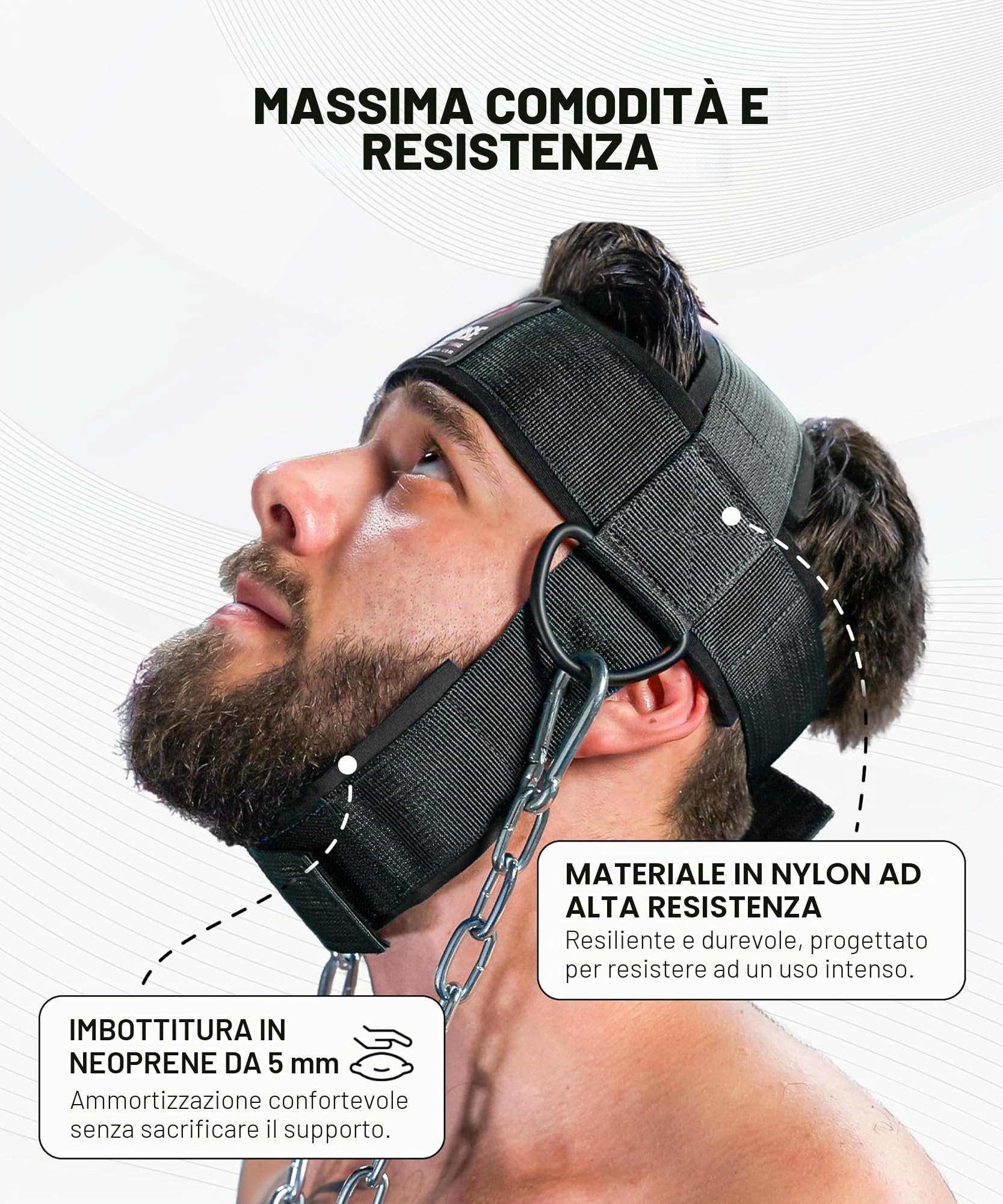DMoose Fitness Imbracatura Per Il Collo Per Sollevamento Pesi - Morbida Imbottitura Per Testa E Mento Con Catena In Acciaio Resistente Da 30" - Supporta Il Recupero Da Infortuni E Allenamenti Intensi