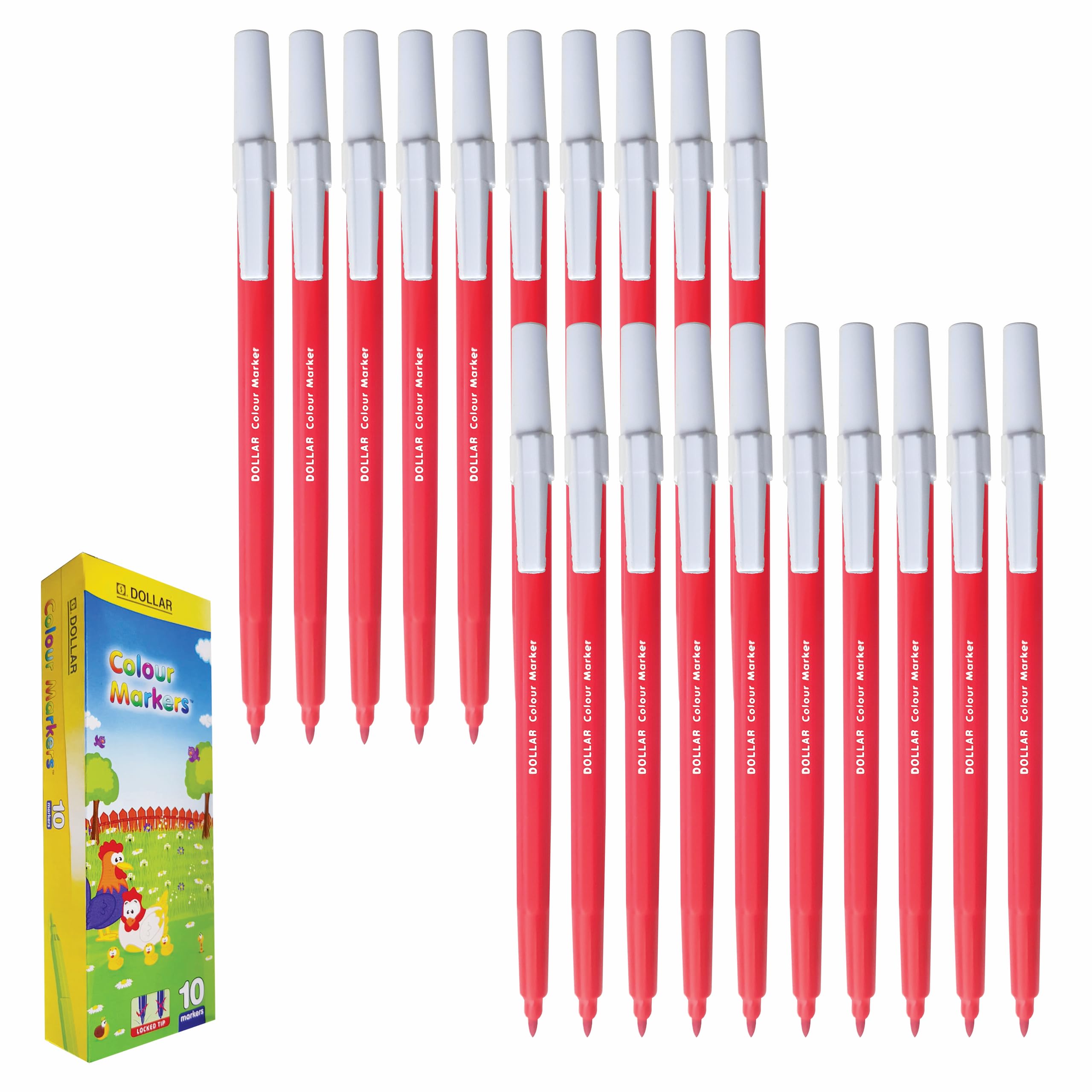 DOLLAR ColourMarkers Felt Tip Colouring Pens, RED, Fine Point, Pack of 20, Draw Colour Mark Sketch Write Shade Underline