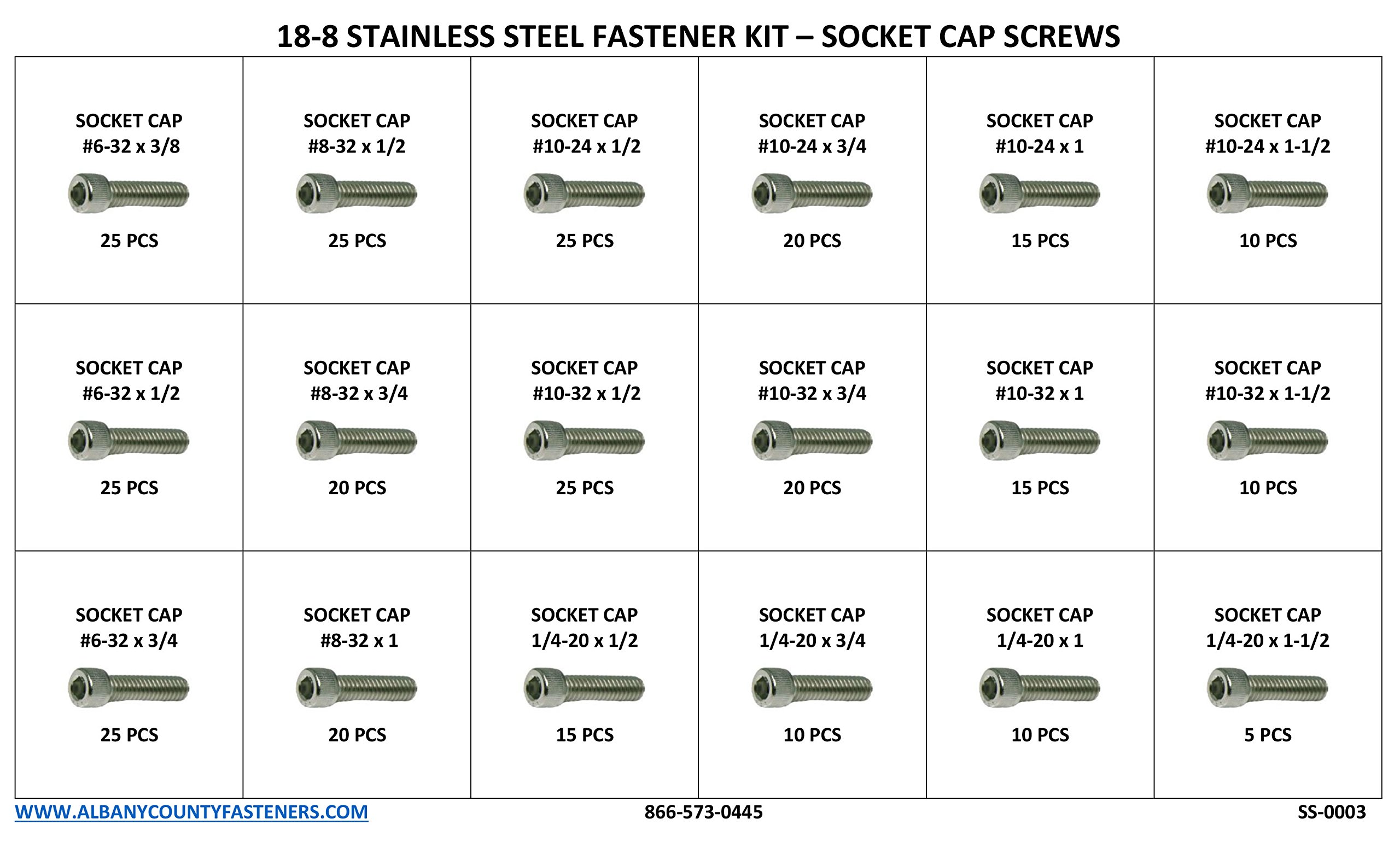18-8 Stainless Steel Socket Head Cap Screw Assortment Kit Sizes #6-32 Through 1/4