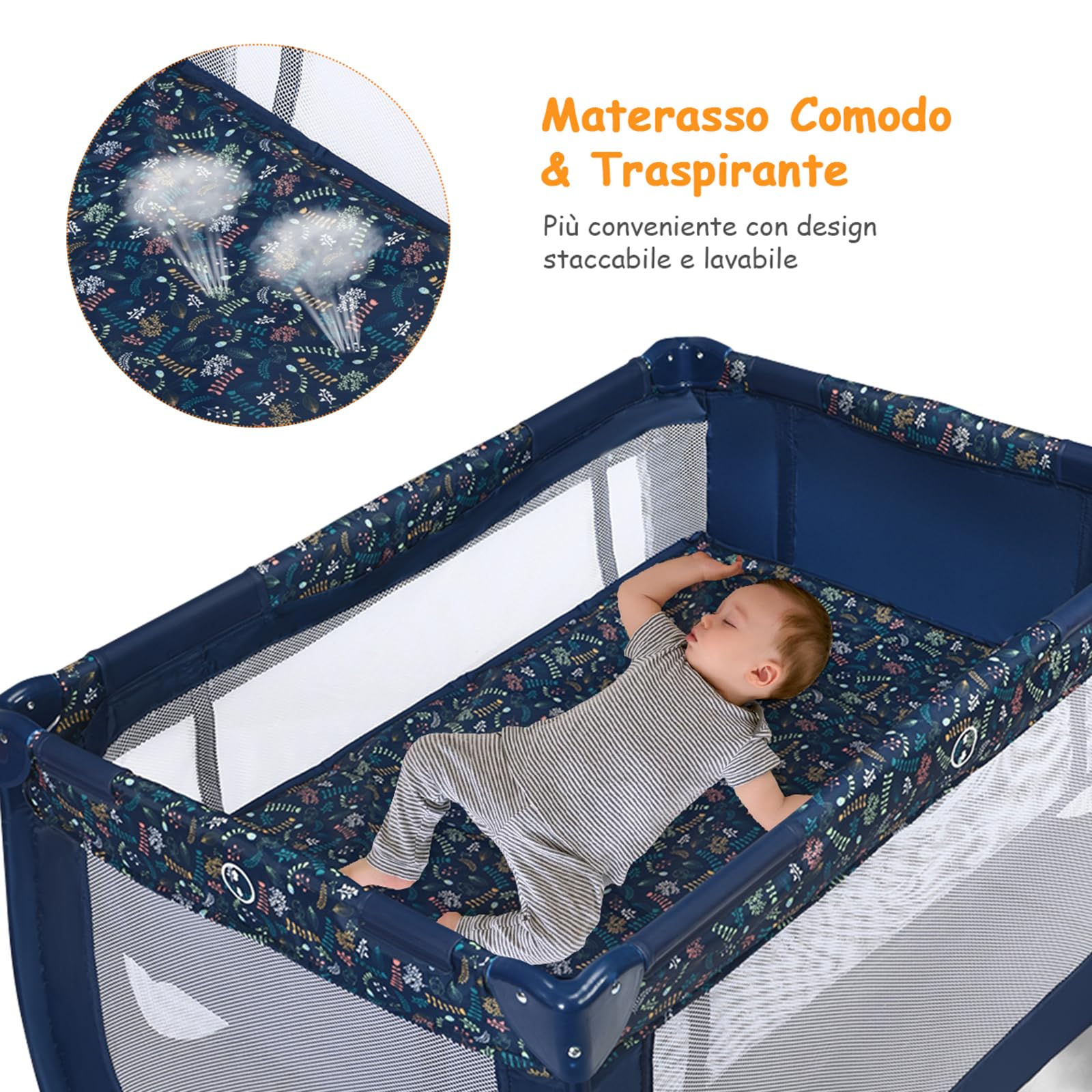COSTWAY Lettino da Campeggio con Materasso, Lettino per Bambini Pieghevole, Culla da Viaggio Portatile con 2 Ruote, Per Bambini 0-36 Mesi, 125 x 65 x 76 cm (Blu)