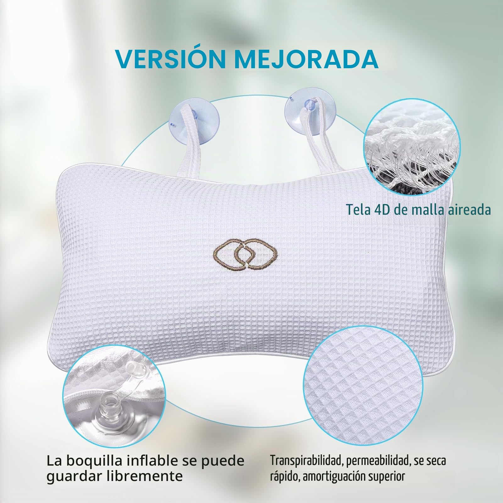 YUET Almohadas de baño para la Cabeza y el Cuello con ventosas, Impermeables, Antideslizantes, cojín de baño Premium, reposacabezas ergonómico y Respaldo con Caja de Regalo Blanco