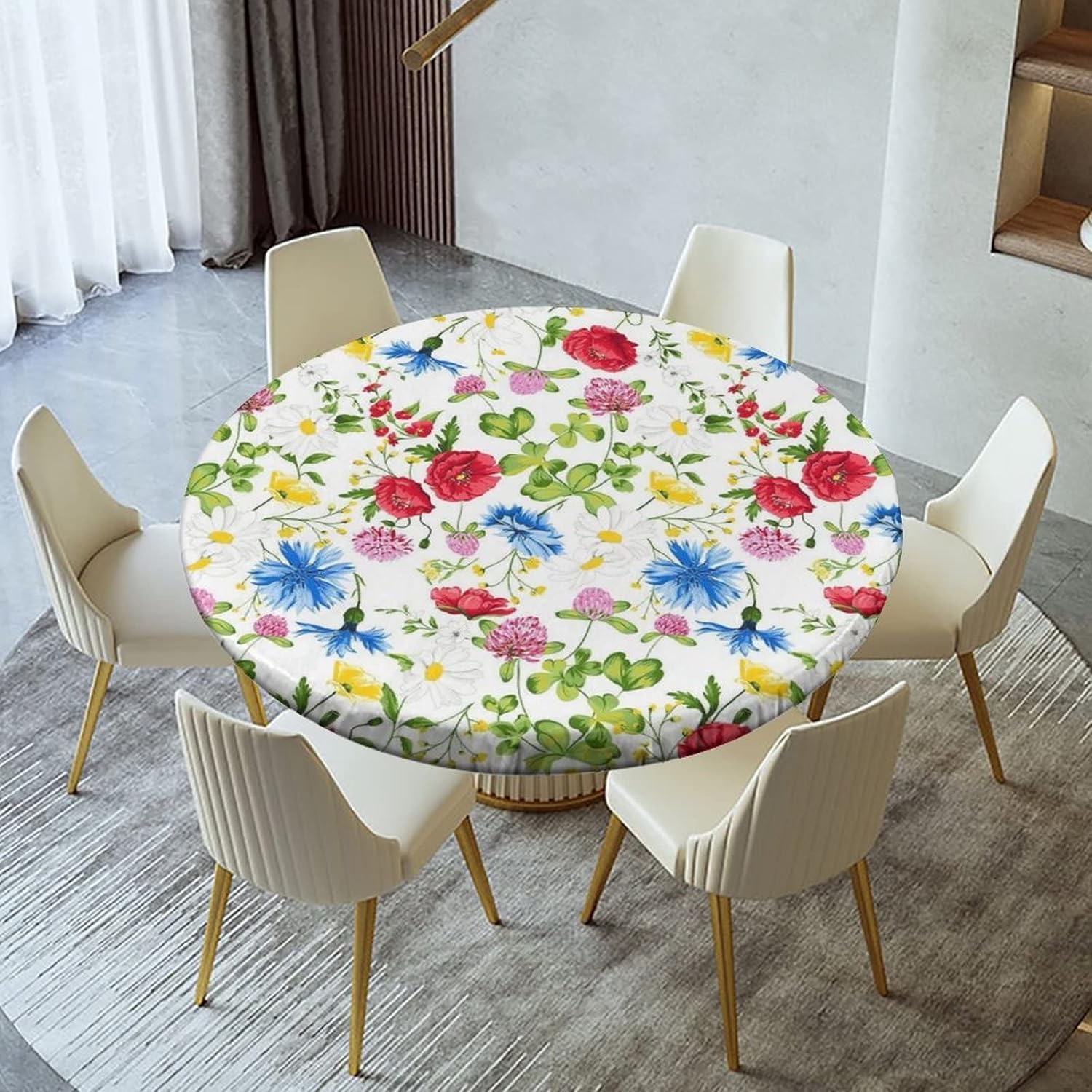 Green Sage Red Rose Flower Fitted Tablecloth Round, Pink Wildflowers Elastic Edge Table Cover, Washable Spill Proof Table Cloth for Kitchen Dining Party,Fits Tables up to 44" Diameter