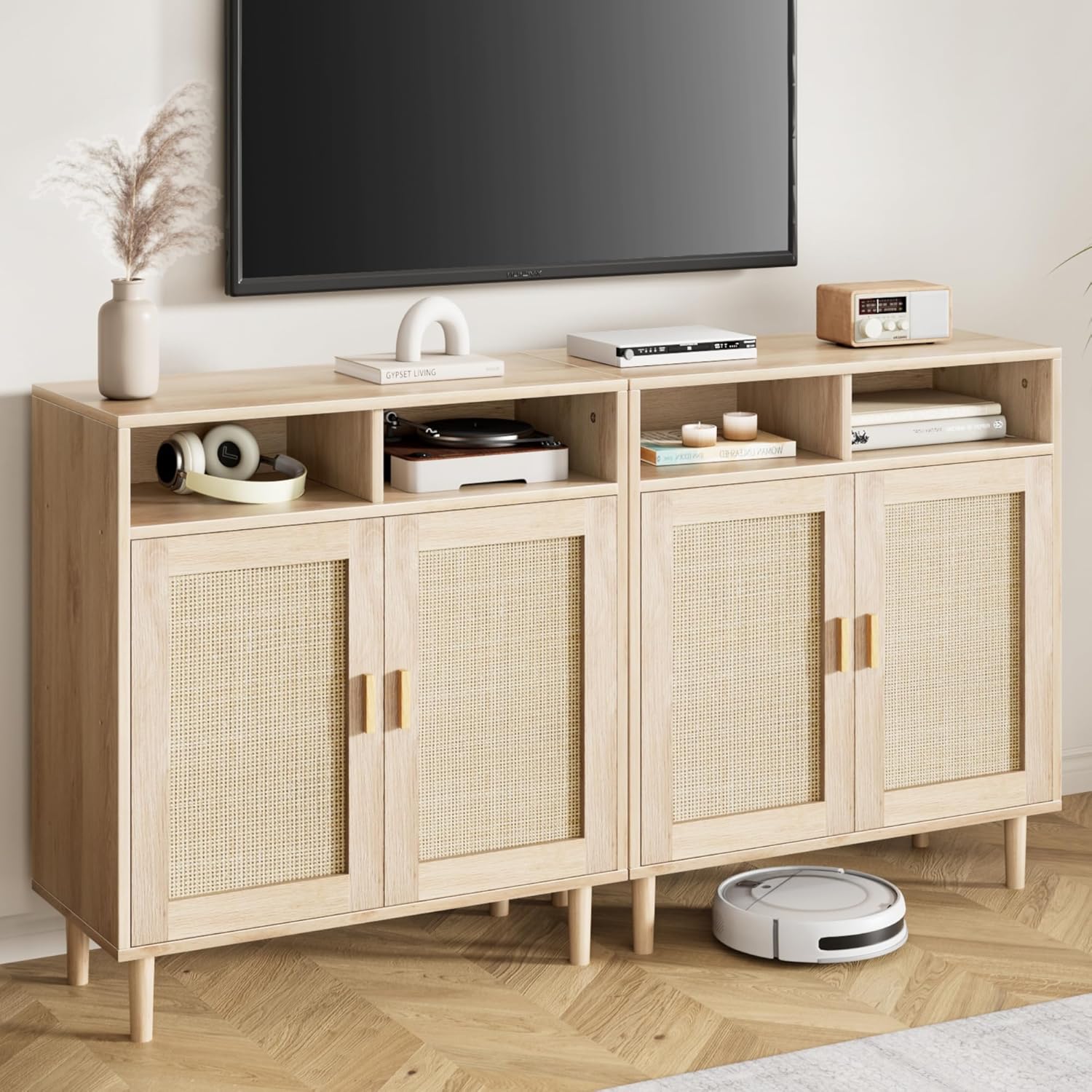 Set of 2 Sideboard Buffet Cabinet, Rattan Cabinet with 2 Doors, Accent Kitchen Storage Cabinet, Cupboard Console Table,Modern Coffee Bar Cabinet for Kitchen Dining Room Entryway Living Room, Natural