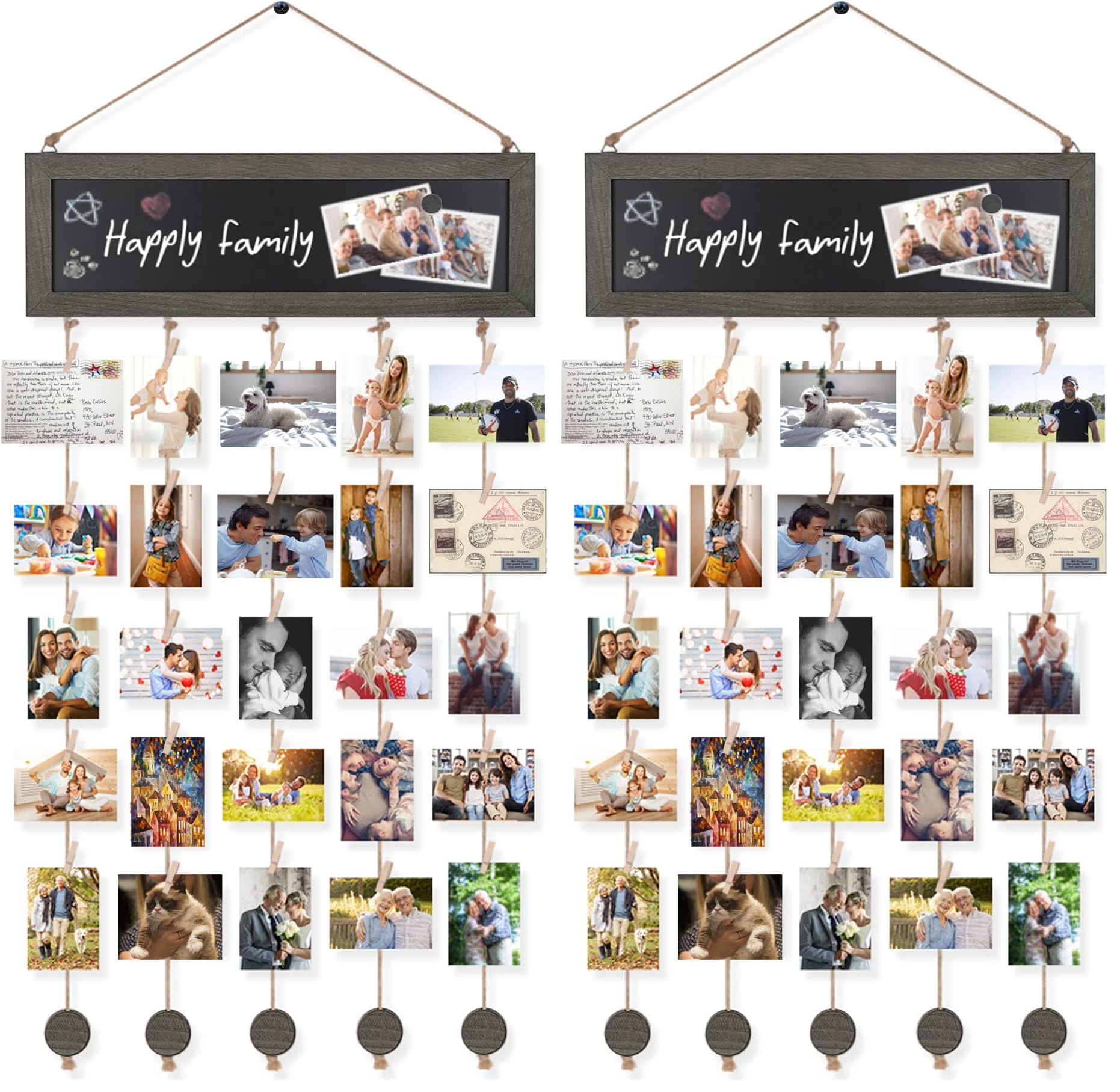 Bikoney Picture Frames Collage Photo Hanging Display Picture Board Wood Rustic Frames for Wall Decor with Blackboard and 30 Clips Weathered Grey (Pack of 2)