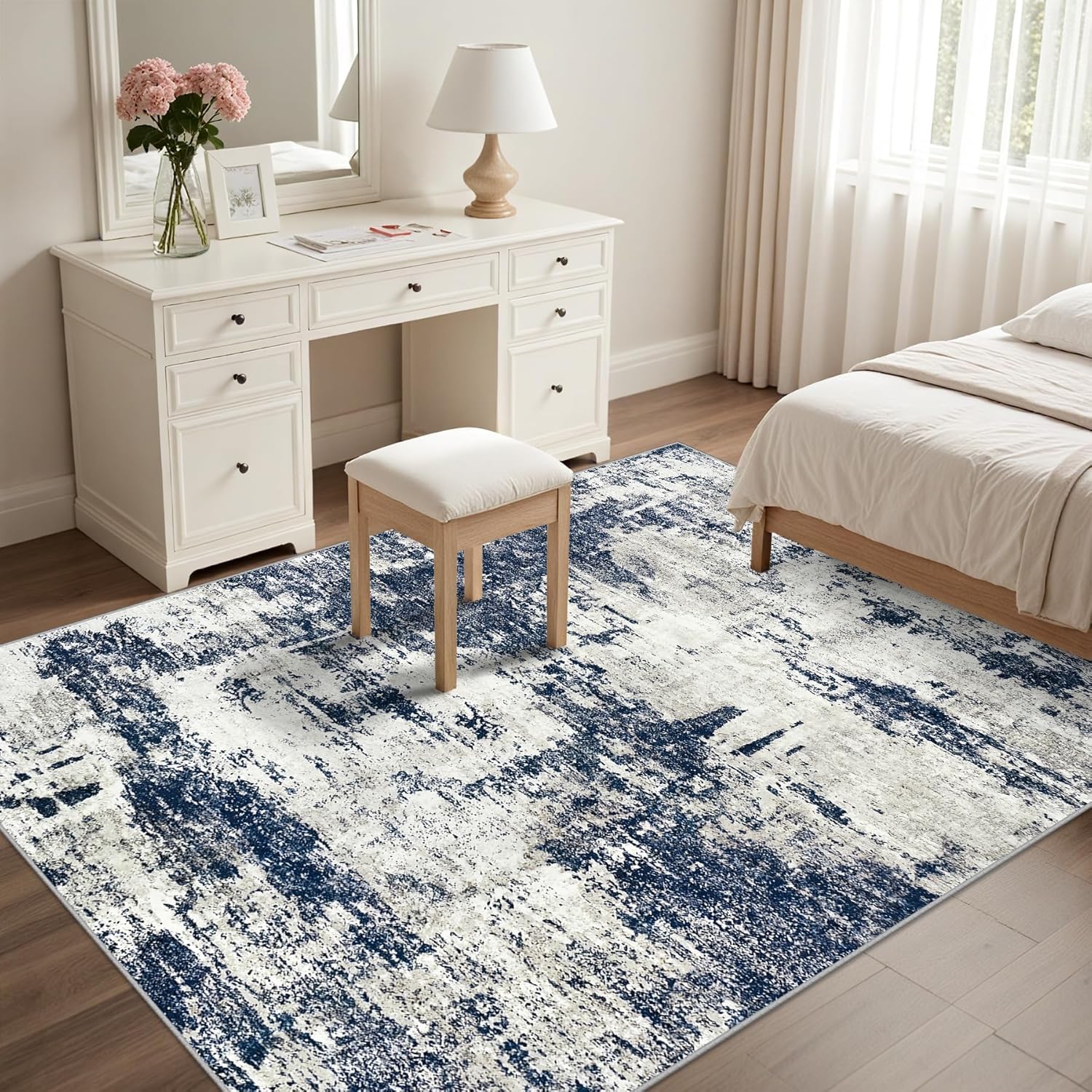 Tapis moderne abstrait bleu et gris motif square design élégant