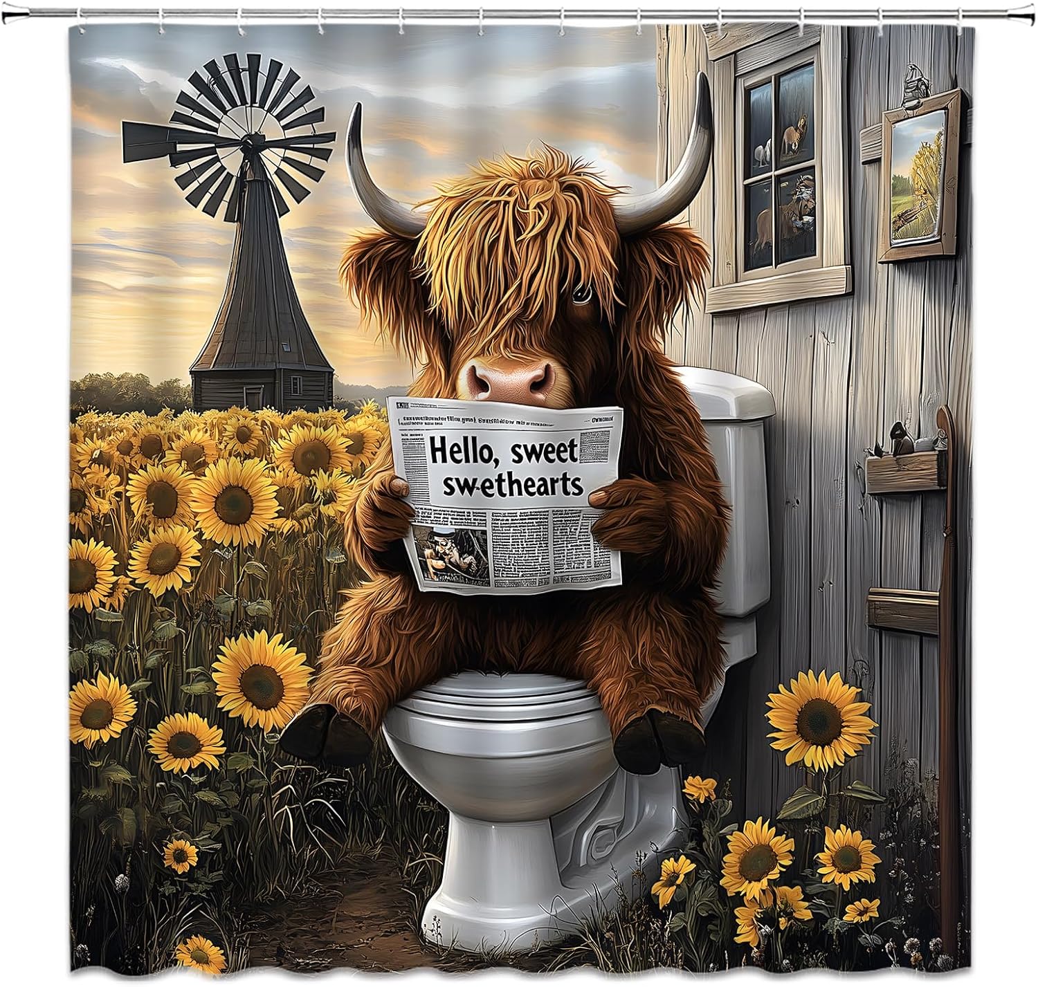 Funny Highland Cow Shower Curtain Outhouse Farm Sunflower Windmill Rustic Farmhouse Wooden Cabin Bull Western Country Bathroom Curtain Fabric with Hooks(70" Wx84 H)