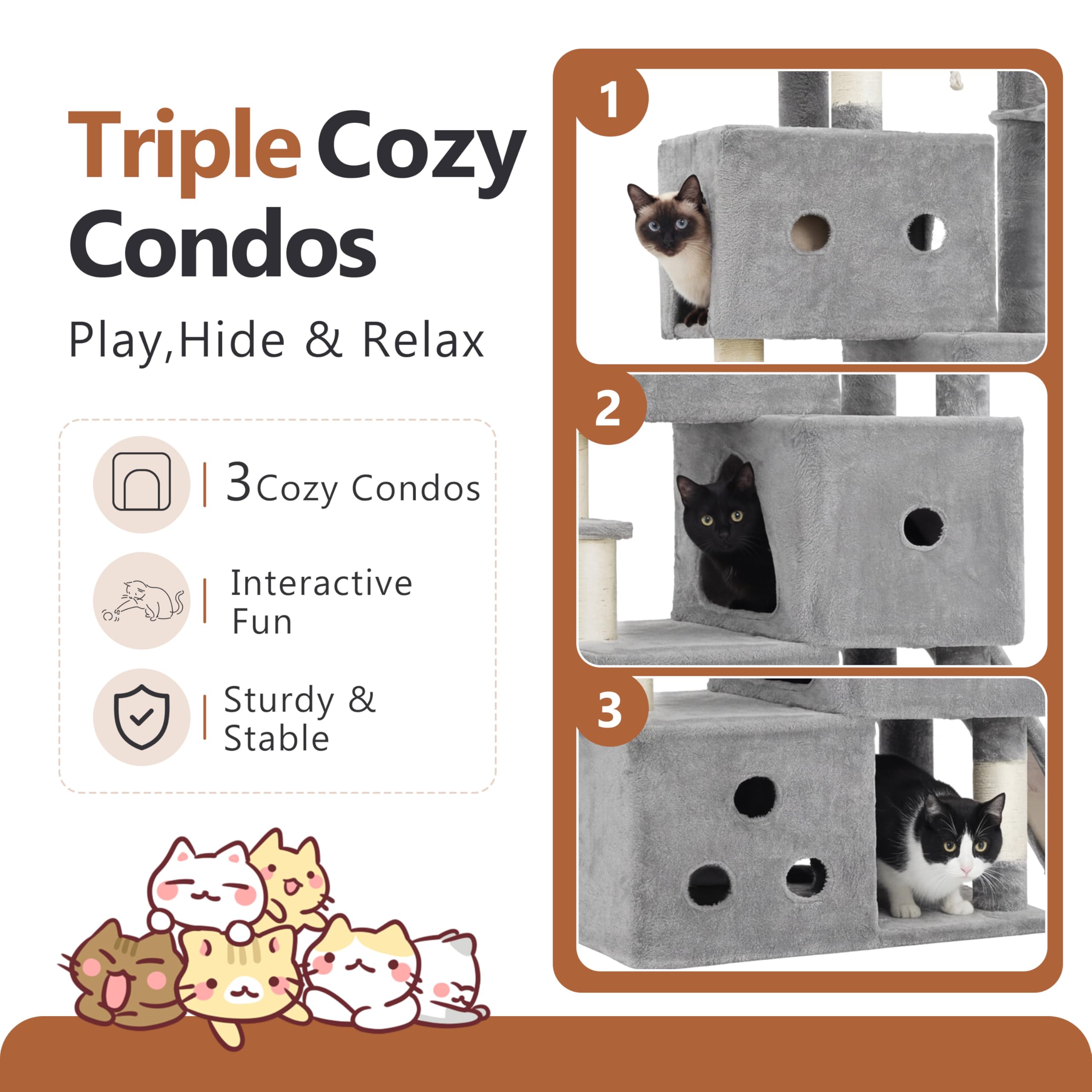 Heybly Rascador para Gatos XXL, 188 cm Árbol Rascador para Gatos Grandes, Torre de Múltiples Pisos, 3 Cuevas Escalonadas, Amplias Perchas Descanso, Postes y Tablas de Sisal, Gris Claro HCT061W