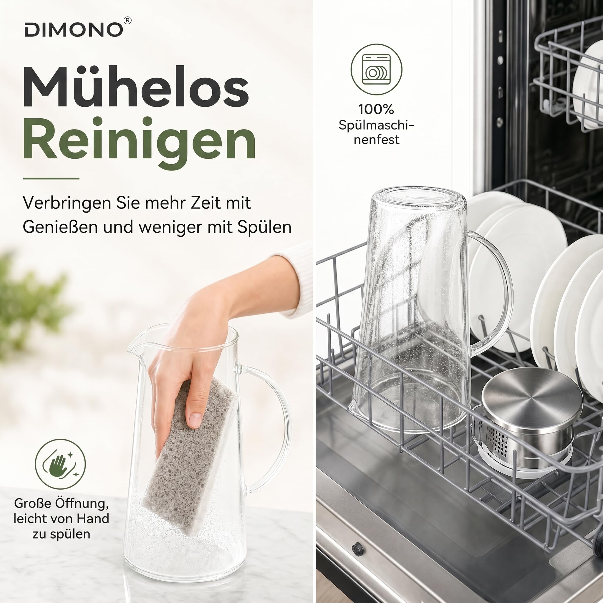 Wasserkrug Wasserkanne Krug 1,5 Liter, Glaskrug mit Filter und Deckel aus Edelstahl Getränkekaraffe für heißes u. kaltes Wasser Eistee Kaffee Milch Saft Glaskaraffe mit Griff