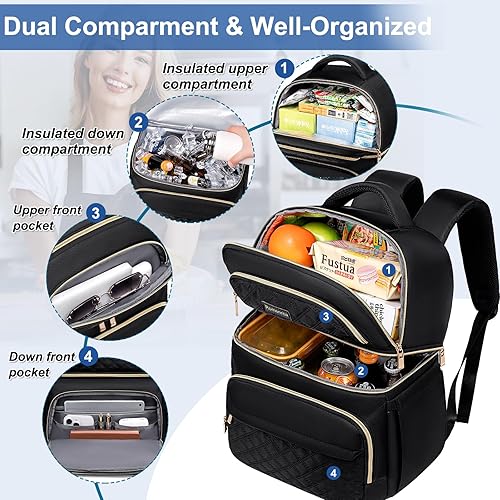 Miniatura 3 de Mochila de almuerzo aislada, bolsa de almuerzo para mujer, lonchera de dos pisos, bolsa de almuerzo a prueba de fugas, lonchera grande, bolsa de