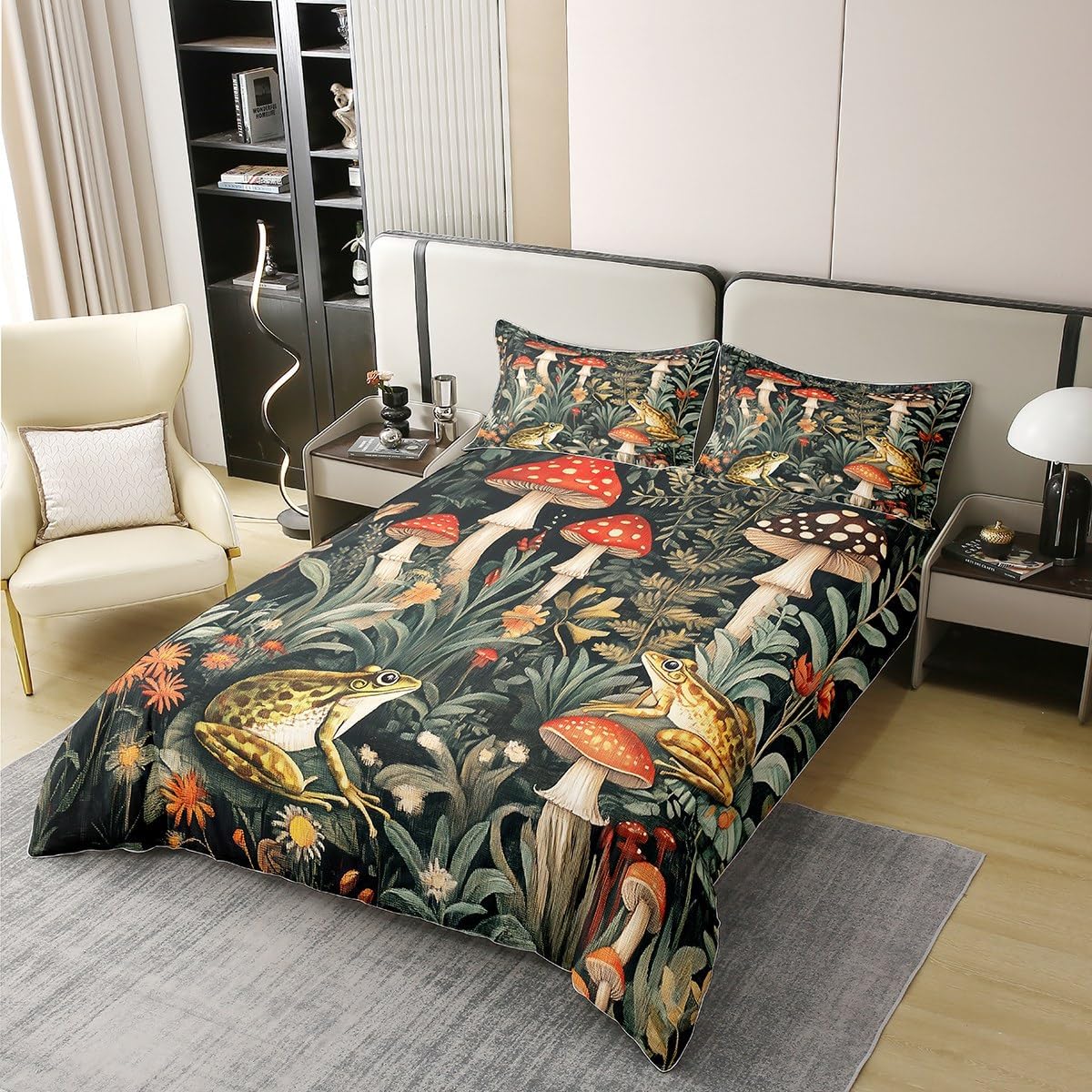 Erosebridal Wild Mushroom Duvet Cover Queen 100% Cotton,Cute Frog Mushroom Comforter Cover for Kids Boys Natural Fungus,Galaxy Rustic Jungle Botanical Room Decor for Girls Women,Soft Breathable