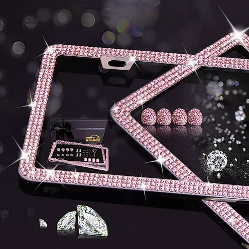 Miniatura 9 de Marco de matrícula rosa brillante para mujer, marco de matrícula con diamantes de imitación brillantes, marcos de matrícula con purpurina