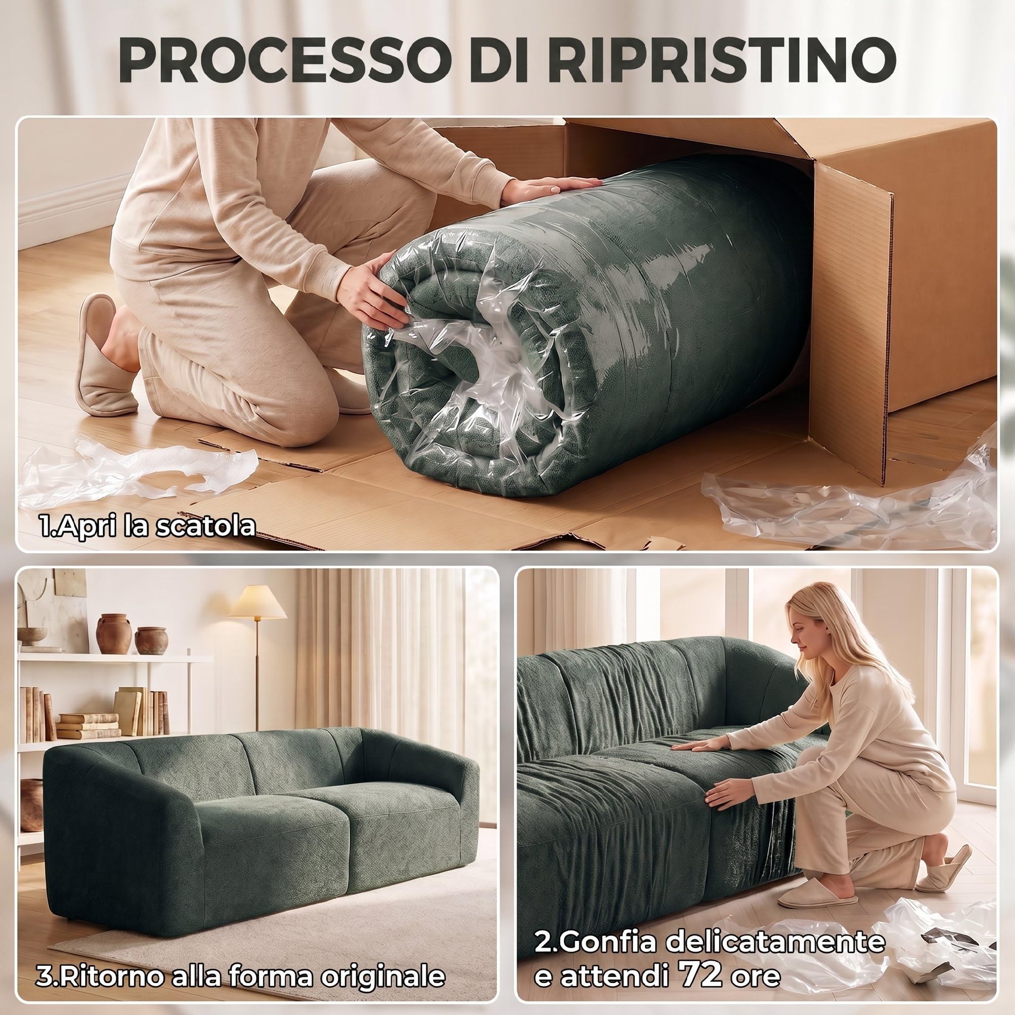 HOMCOM Divano 3 Posti Senza Struttura Seduta Ampia 225x93x68 cm Verde | Imbottitura Spessa, Divano Compresso Moderno in Ciniglia, per Salotto e Soggiorno, Verde Scuro