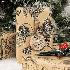 MAYPLUSS Kraft Christmas Wrapping Paper Roll - 3 Mini Roll -17in x120in Per roll,Kraft Vintage Wrapping Paper,Rustic Print for Party,Birthday,Baby Shower,Natural Paper Roll Design (42.3 sqft)