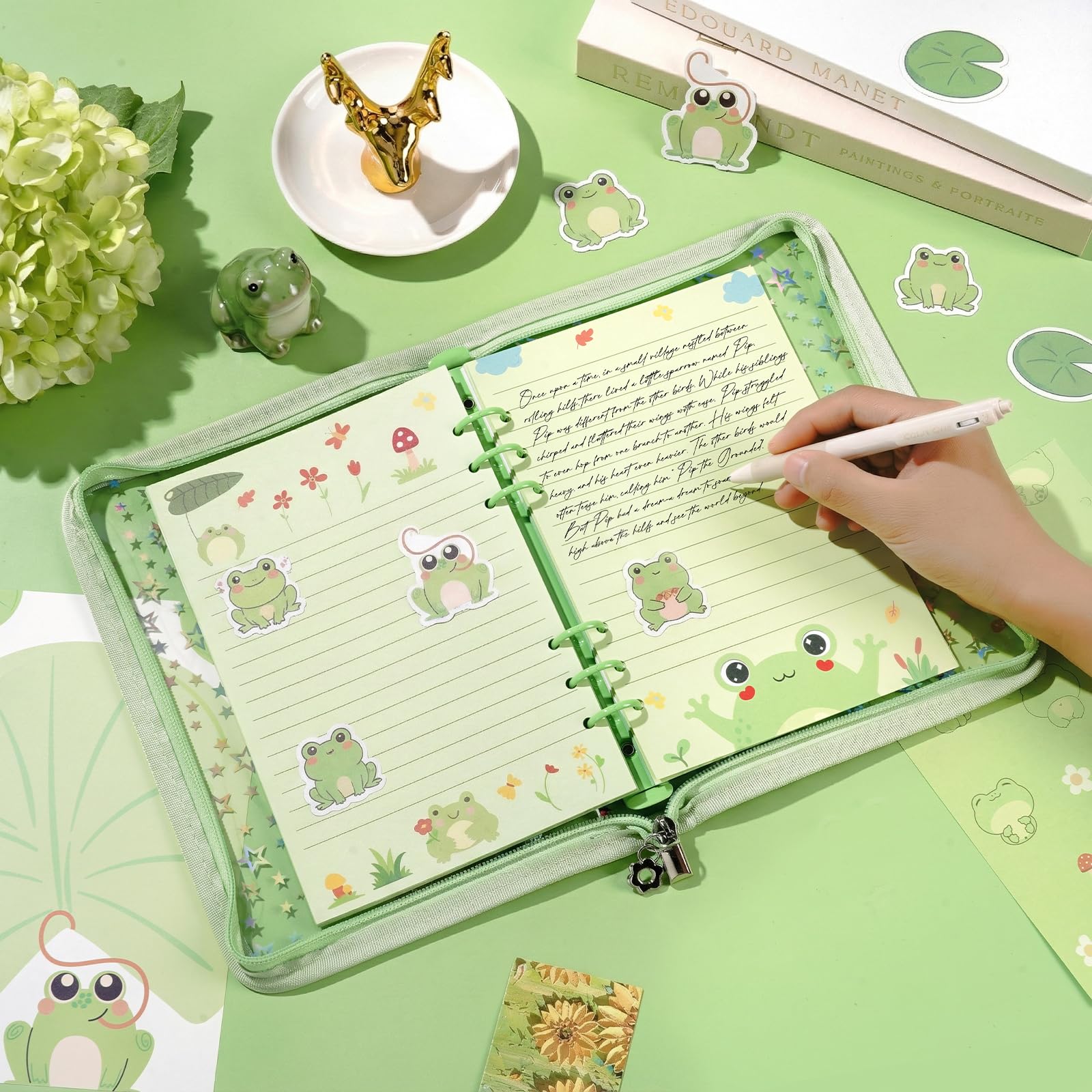 Lot de 100 feuilles de feuilles de papier de rechange épais en forme de grenouille verte A5 pour classeur A5 à 6 anneaux, feuilles mobiles pour journal intime, planification créative, budget, remise