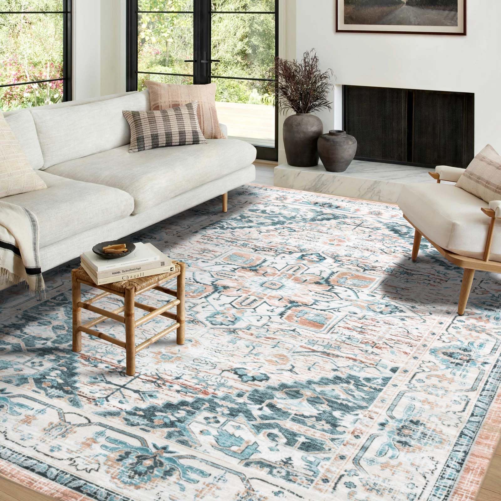 Asrug Machine Washable Rug-8x10 Non-Slip Boho Large Area Rug Stain Resistant Non-Shedding Distressed Throw Floor Mat Carpet for Bedroom Kitchen Entryway Dining, Light Blue