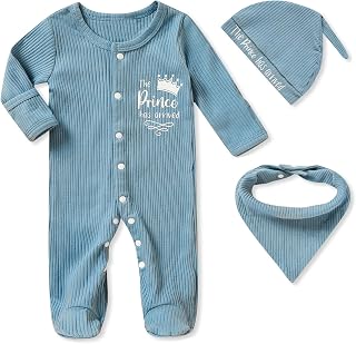 Newborn Infant Baby Boy Coming Homing Clothes Letter Print Button Knit Footed Romper Jumpsuit Hat Bibs 3pcs Outfit