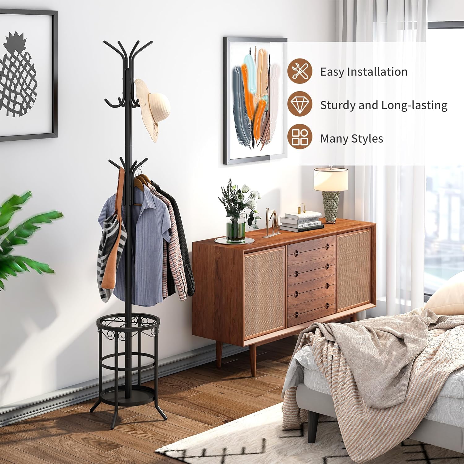 FILWH Coat Rack Freestanding with Umbrella Stand Coat Rack Stand with 12 Hooks Metal Coat Tree Coat and Hat Hanger Jacket Entryway(Black)