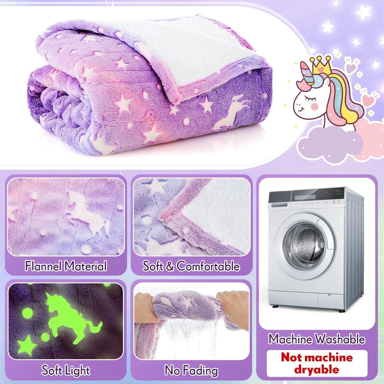 50"x60" Unicorn Kids Heated Blanket Girls Glow in The Dark Upgraded Children Heating Throw Electric Valentine's Birthday Gift with 10 Levels & 8 Hours Auto Off Etl Certified Machine Washable - Image 4
