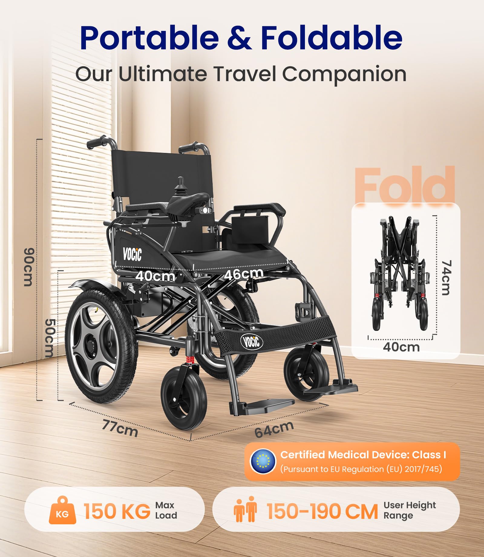 VOCIC V58 Silla de ruedas electrica plegable ligera para mayores 42KM | Sillas electricas minusvalidos 150KG,Electric wheelchair con neumático todoterreno de 40cm, Asiento suave de 45 cm, Gris