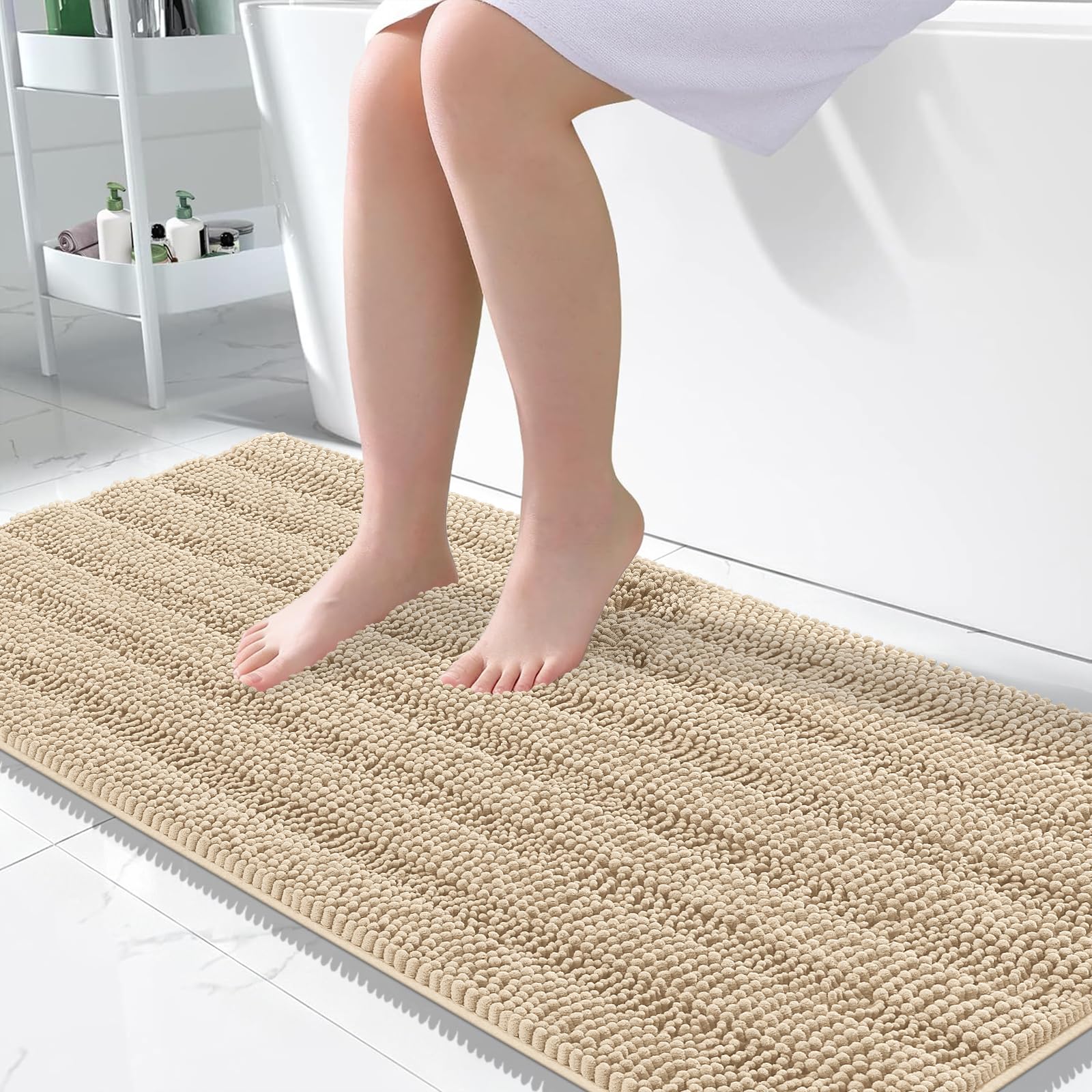 OLANLY Thick Large Bathroom Rugs 50x30, Soft Chenille Bath Rugs, Beige