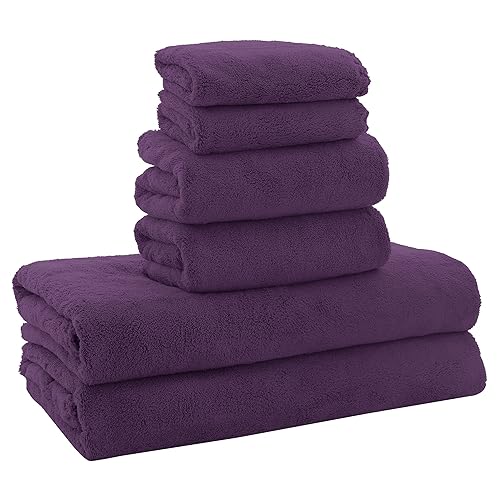 MOONQUEEN Ultra Soft Microfiber Coral Velvet Towel Set - Quick Drying - 2 Bath Towels, 2 Hand Towels, 2 Washcloths - Plum, 6 Pcs - Plum