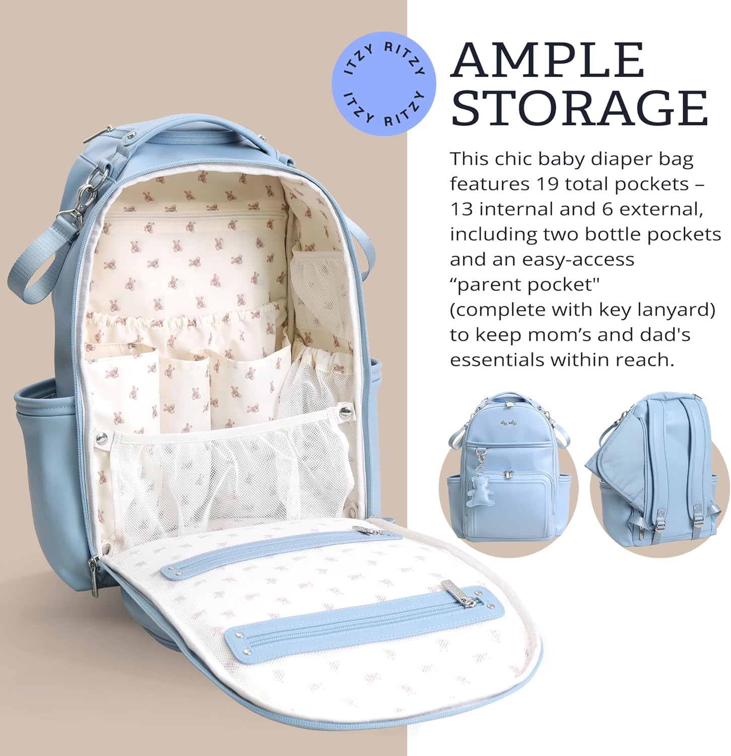 Itzy Ritzy Diaper Bag Backpack – Large Capacity Boss Plus Baby Backpack Diaper Bag Featuring 19 Pockets, Changing Pad, Stroller Clips, and Comfortable Straps (Teddy Blue)