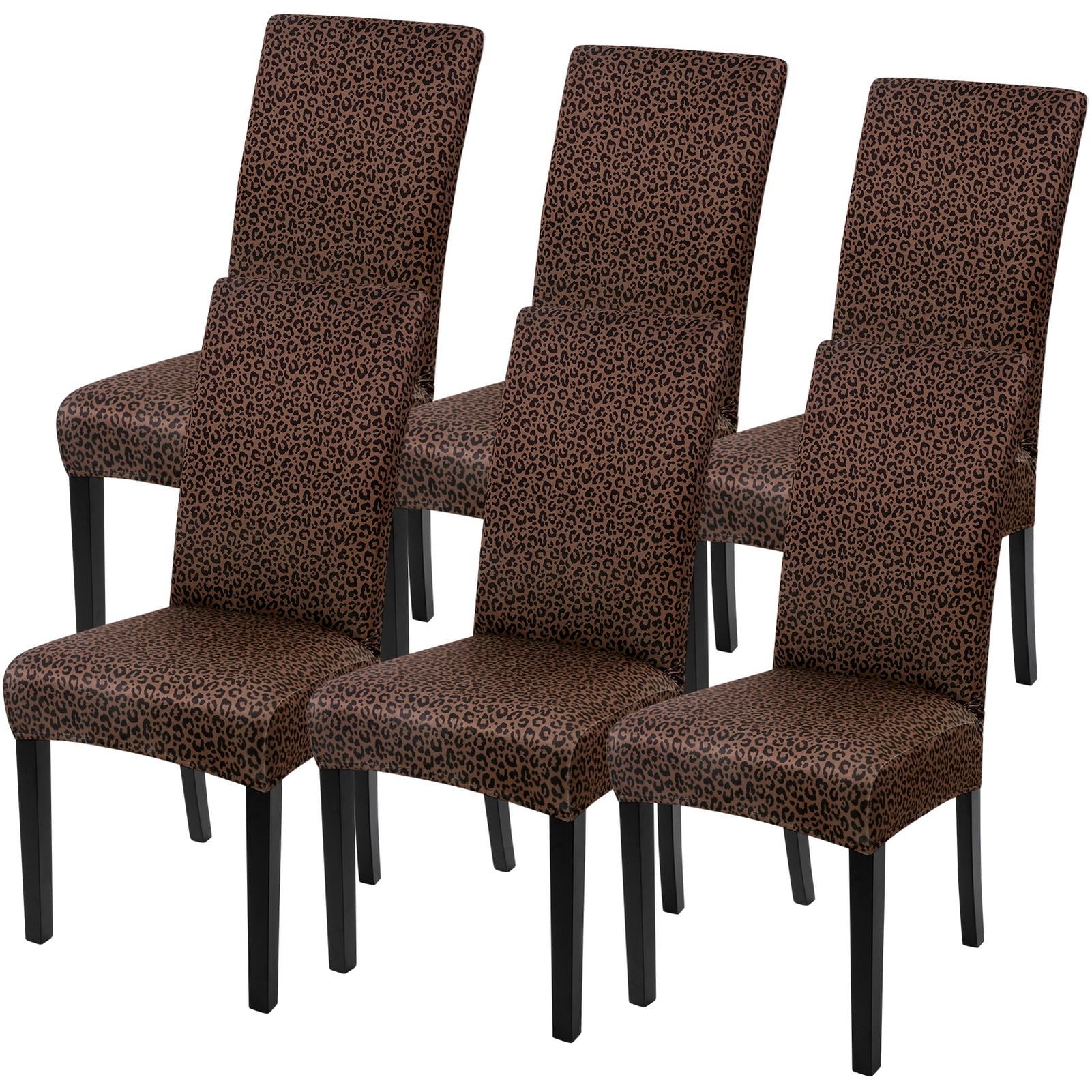 SearchI Printed Dining Room Chair Covers Set of 6, Stretch Kitchen Chair Covers Washable Parsons Chair Slipcover Removable Dining Chair Protectors for Hotel,Ceremony(Coffee Leopard Print)