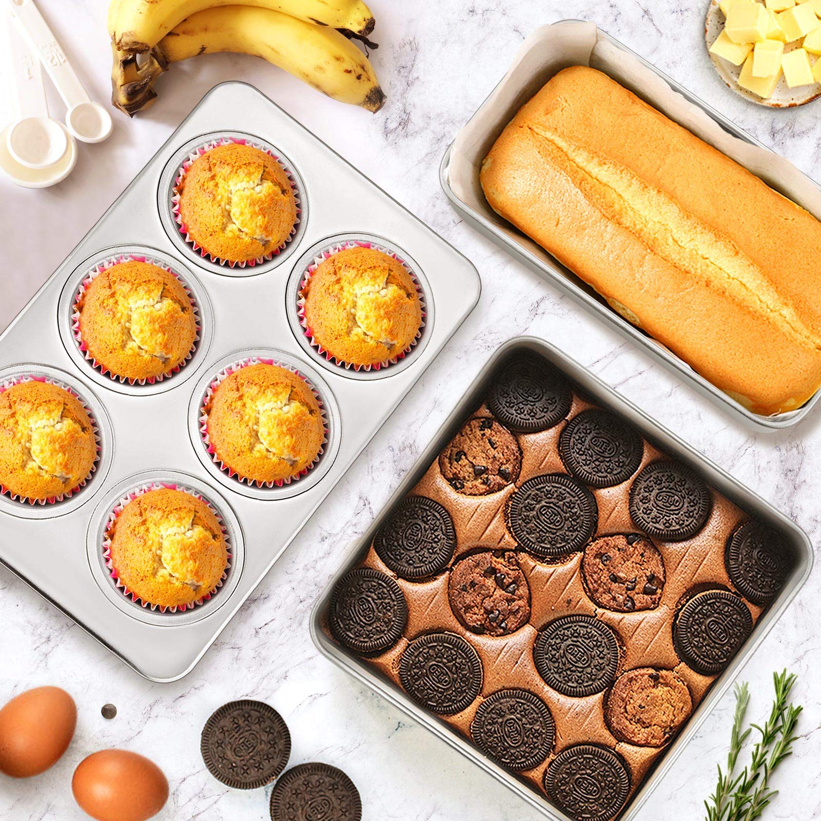 E-far E-far - Juego de moldes para hornear de acero inoxidable, 9 piezas, incluye moldes redondos y cuadrados de metal, bandeja rectangular con tapa, molde para pan, molde para magdalenas, bandeja
