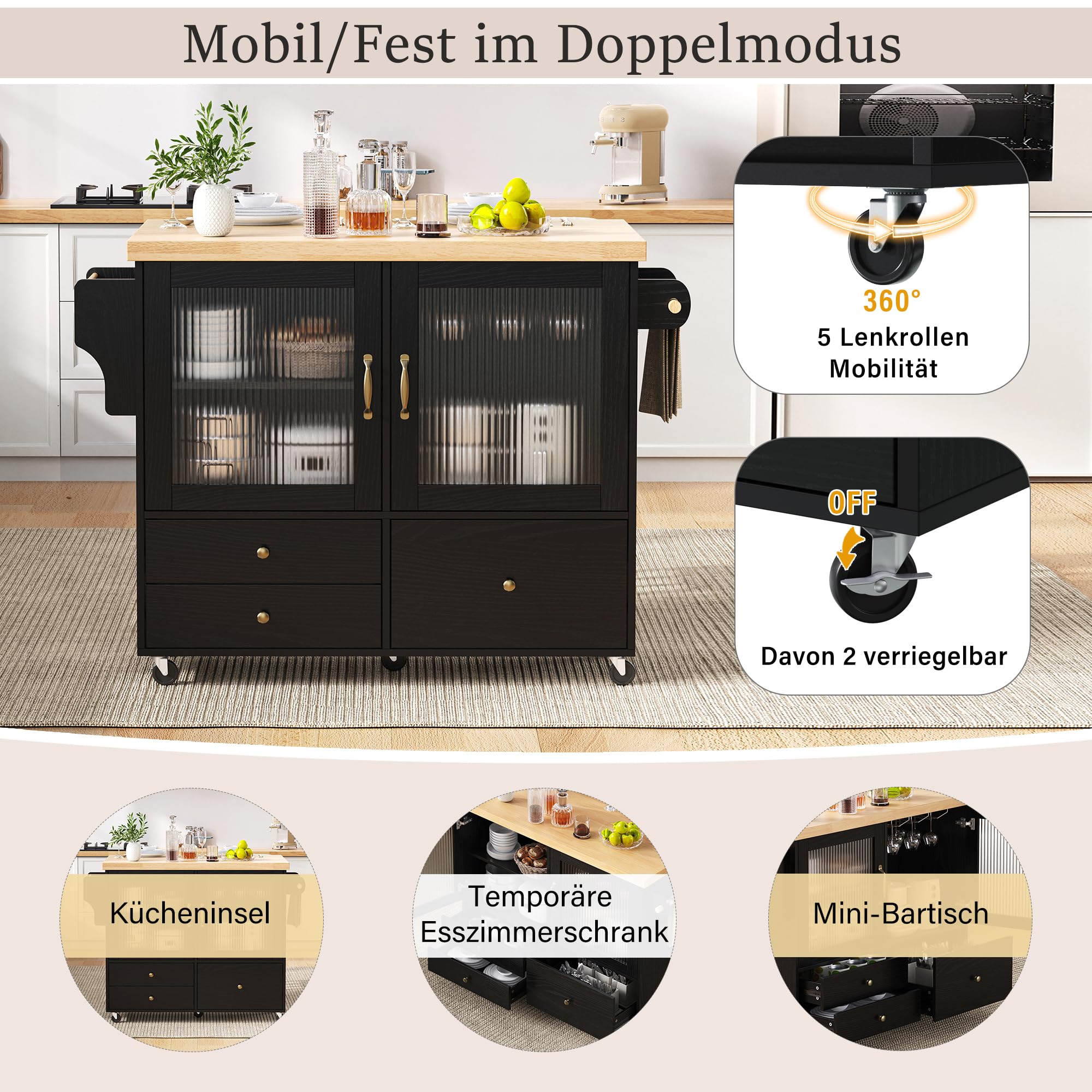 Isola da cucina mobile, carrello da cucina, tavolo da pranzo allungabile, armadietto da buffet, armadio da cucina con ruote, portabicchieri e spazio per riporre oggetti, per cucina, sala da