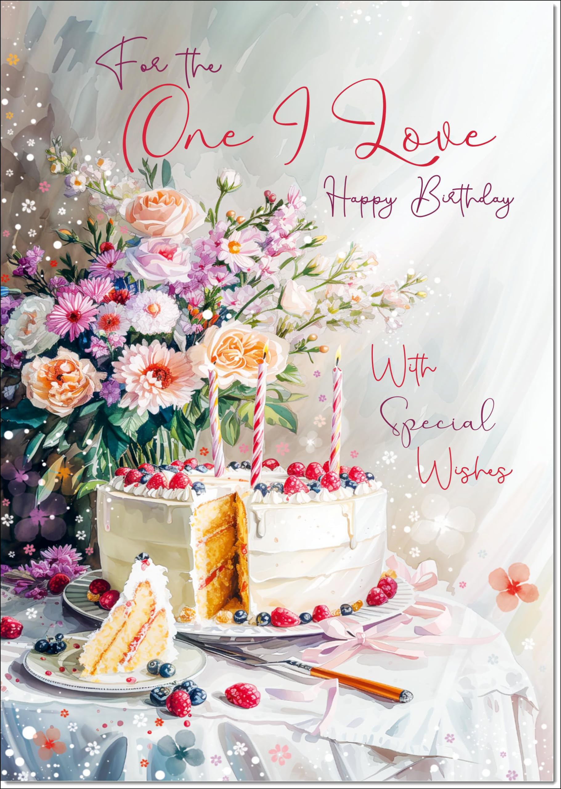 doodlecards One I Love Female Birthday Card Birthday Cake and Flowers Large A4 Size with Plain Envelope