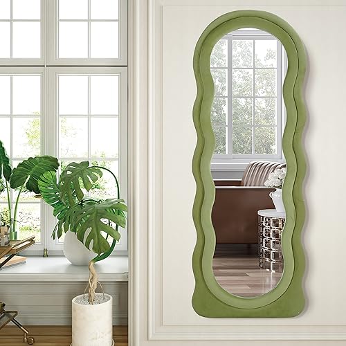 Miniatura 3 de Broojo Espejo irregular de longitud completa, espejo de pared irregular de 63 x 24 pulgadas, espejo de piso ondulado con marco de madera envuelto en