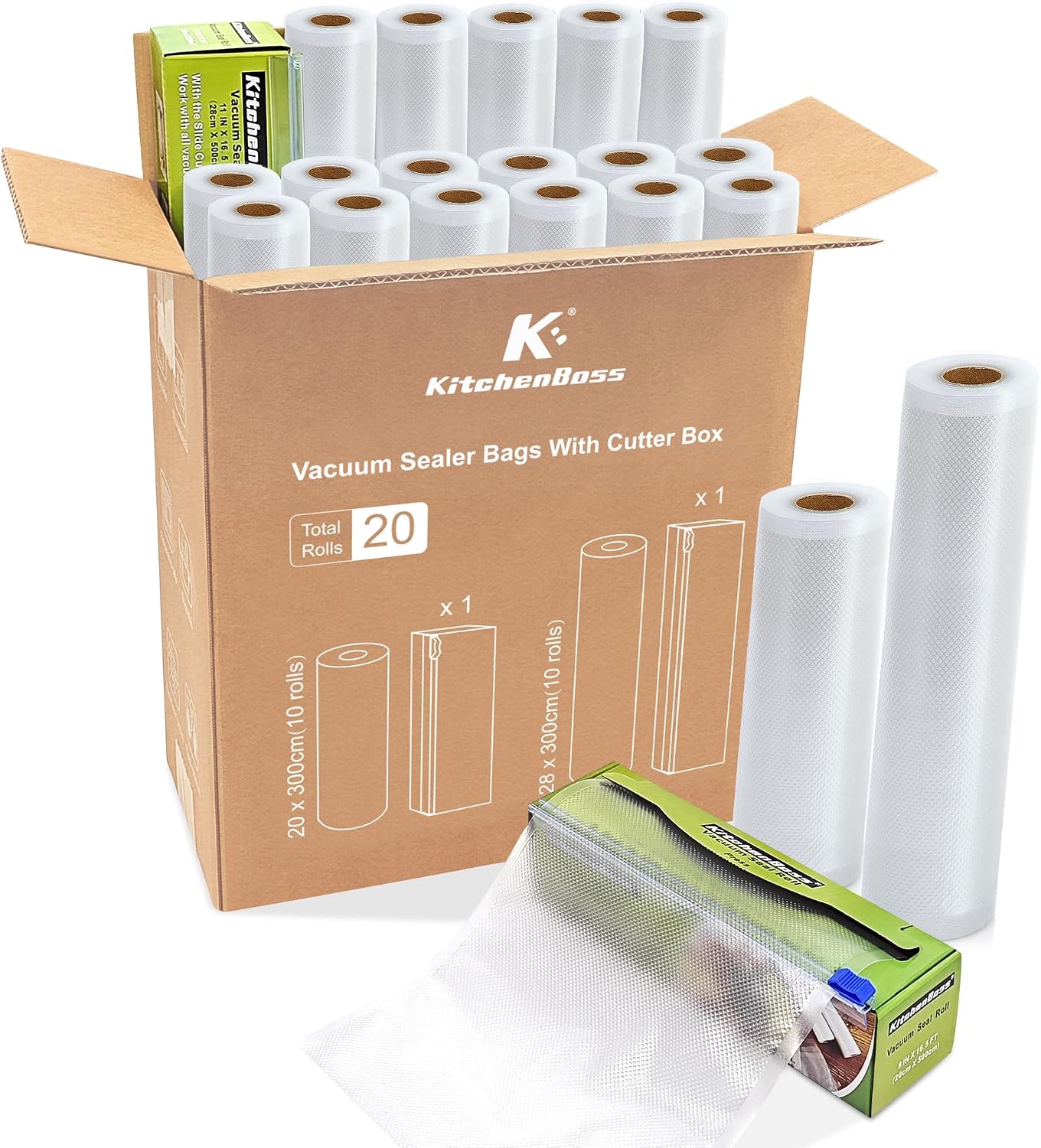 KitchenBoss Vacuum Bags 20 Rolls with 2 Cutting Boxes: Vacuum Film 20 x 300 cm (10) + 28 x 300 cm (10), Vacuum Food Bags for All Vacuum Sealer and Sous Vide, Sealing Film, Tear-Resistant