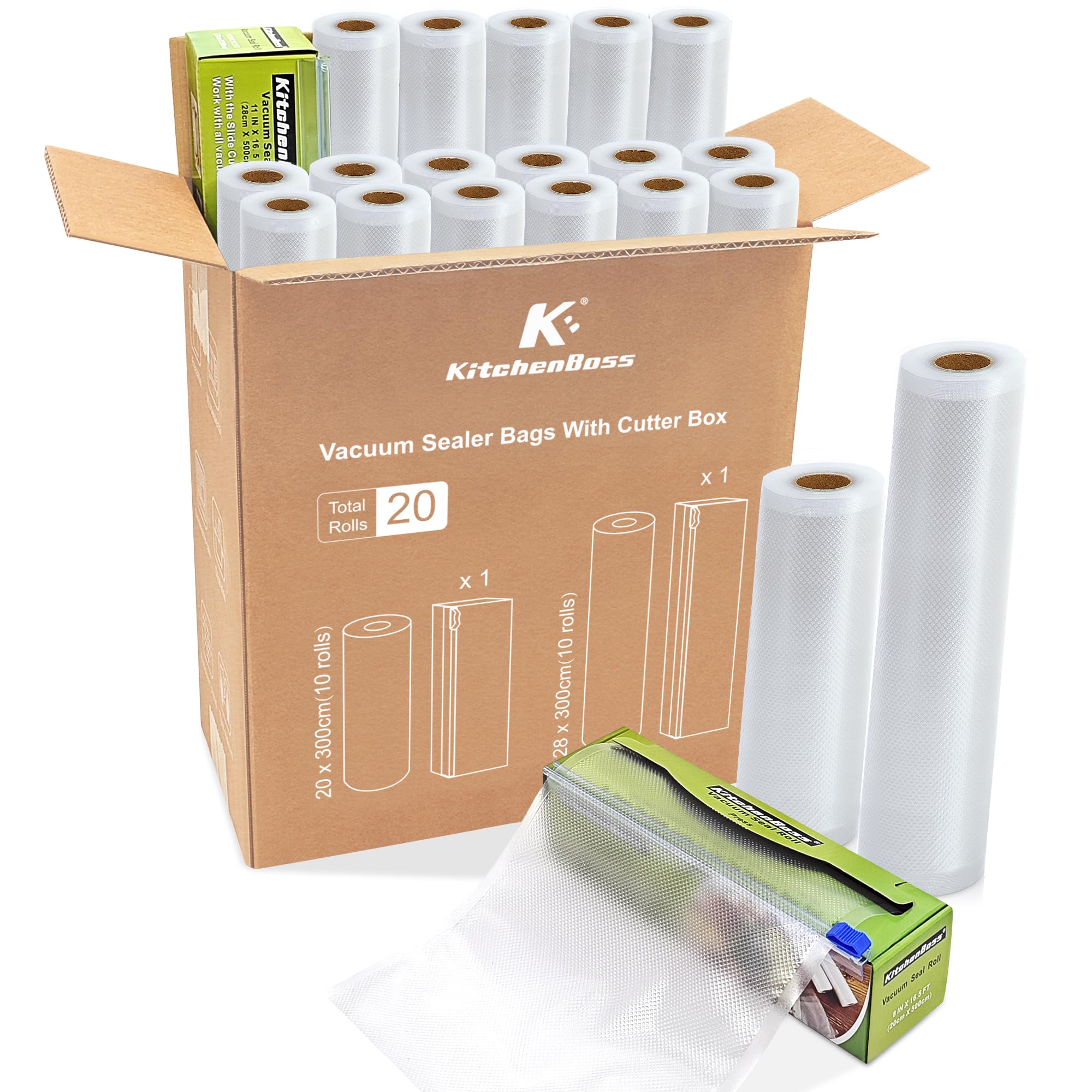 KitchenBoss Sacchetti Sottovuoto Alimenti 20 rotoli con 2 Scatole di Taglio：Rotoli Sottovuoto Alimenti 20 x 300 cm (10) + 28 x 300 cm (10), per Macchina Sottovuoto e Cuocitori Sous Vide