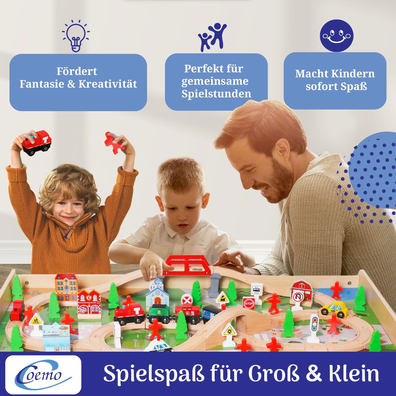 Coemo Spieltisch inkl. Set 90-TLG. Holzeisenbahn, Natur, Motorikspielzeug | Mit umkehrbarer, abnehmbarer Tischplatte, Gleise, Zug, Geschenk für Kleinkinder, Jungen und Mädchen ab 3 Jahren