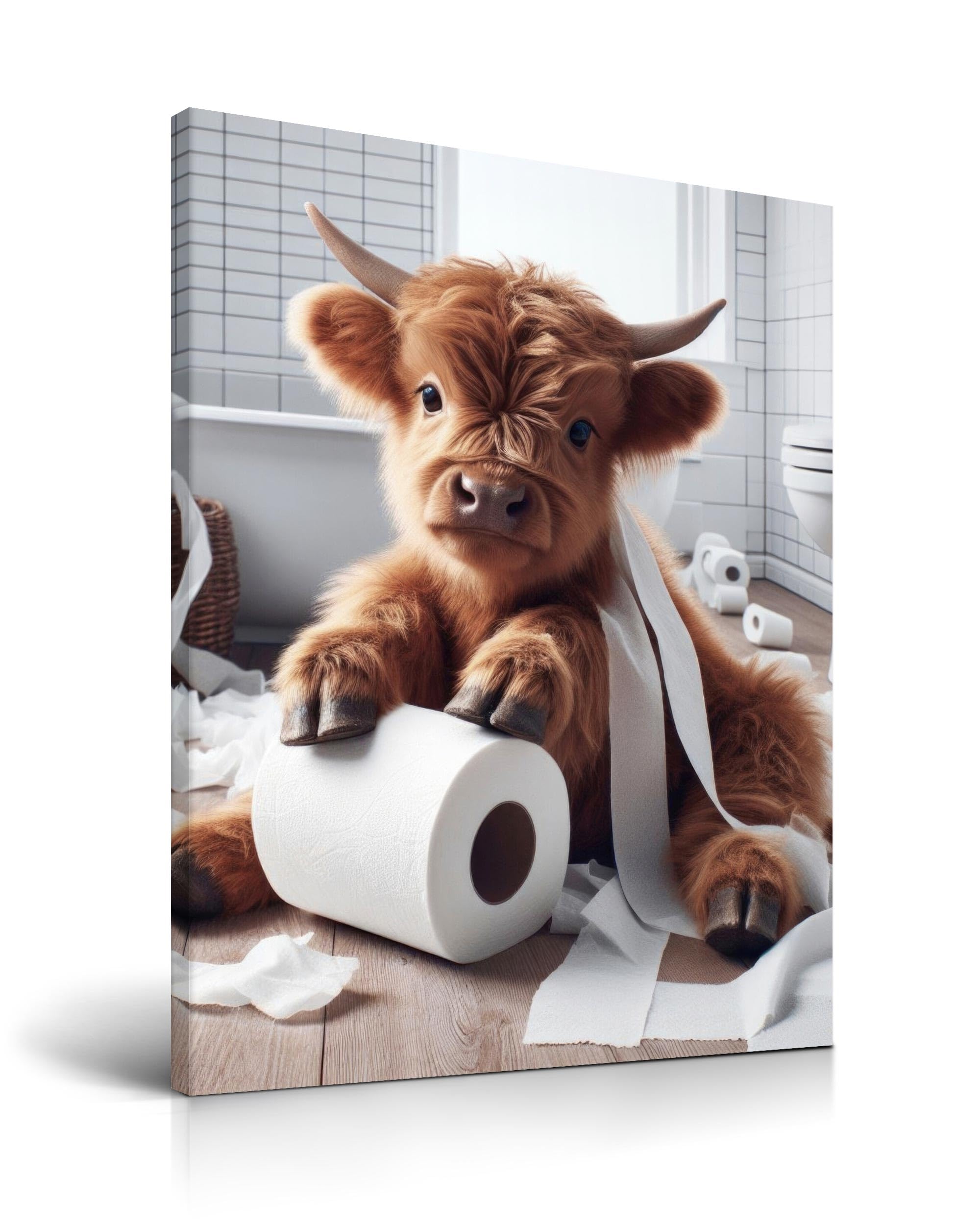 HesenDot Highland Cow with Toilet Paper Framed Wall Art,30x40cm Funny Bull Bathroom Canvas Print, Adorable Cute Animal Picture for Bathroom Kid Room Restroom Laundry Decor, 1 Pack — image 1
