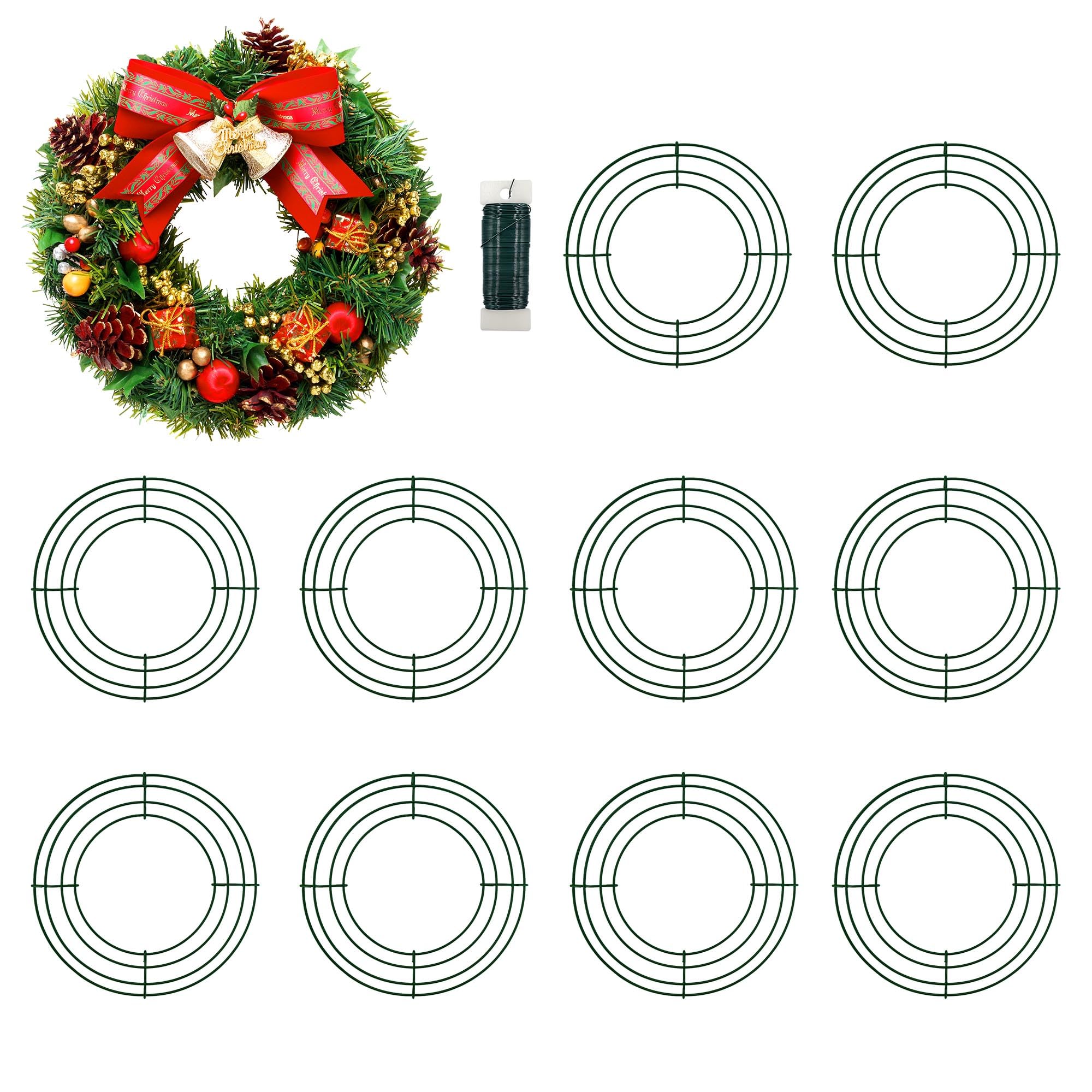 8 Inch Christmas Green Wire Wreath Frame,10 Pack Metal Front Door Wreath Round Form Iron Ring for Christmas, New Year Decors, Crafts, DIY, Holidays,