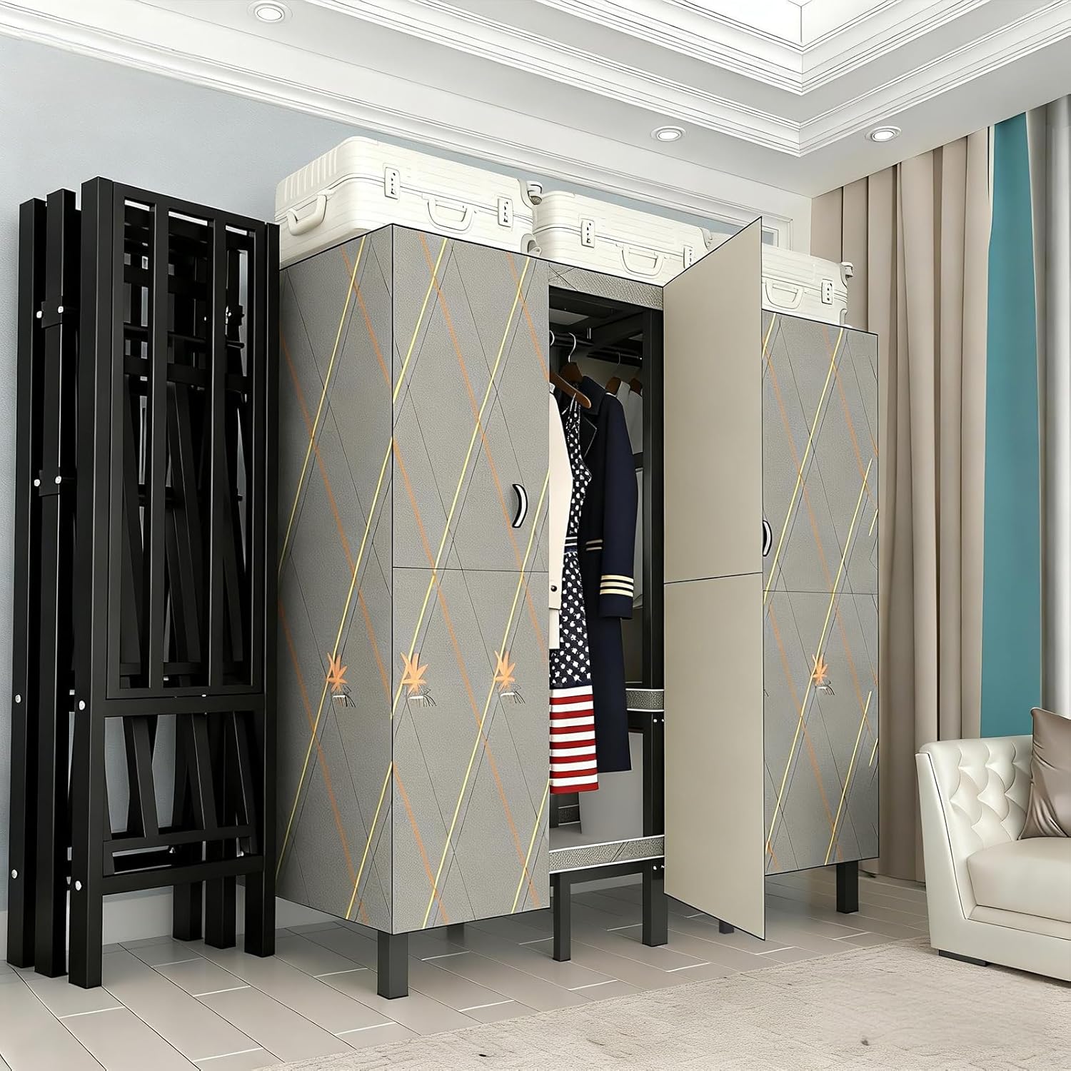 Heavy Duty Clothes Rack with Cover & Magnetic Doors, 1500lb Portable Wardrobe Closet - Foldable Freestanding Garment Rack for Bedroom, Large Storage for Hanginng Dresses Jackets (Grey, 49.2IN)