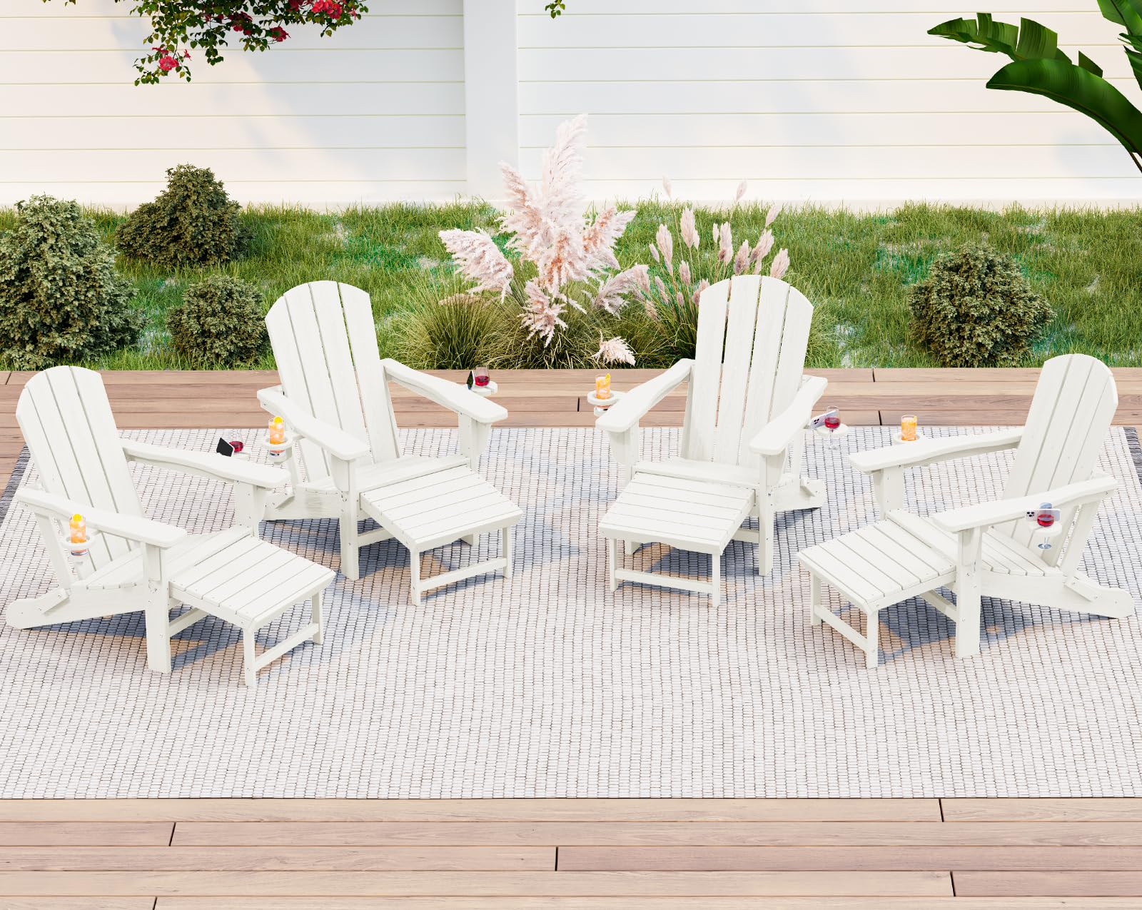 KINGYES Folding Adjustable Adirondack Chair with Ottoman & 2 Cup Holders Set of 4, HDPE Adirondack Recliner Chair with Footrest, White