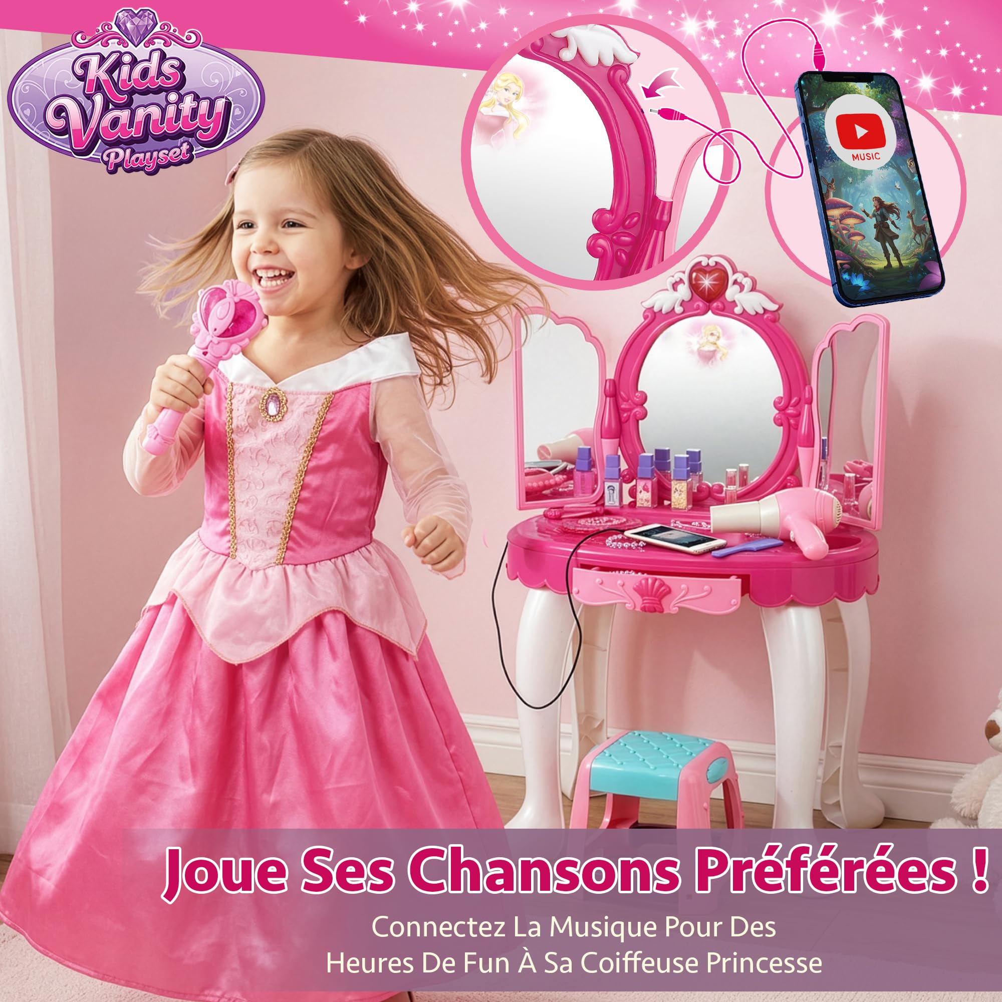 Kinderplay Coiffeuse Enfant, Table de Maquillage - Fonction de Lumièreavec Tabouret, lumière et Son, Dimensions Coiffeuse Enfant Fille 50 x 32 x 72 cm, KP8846