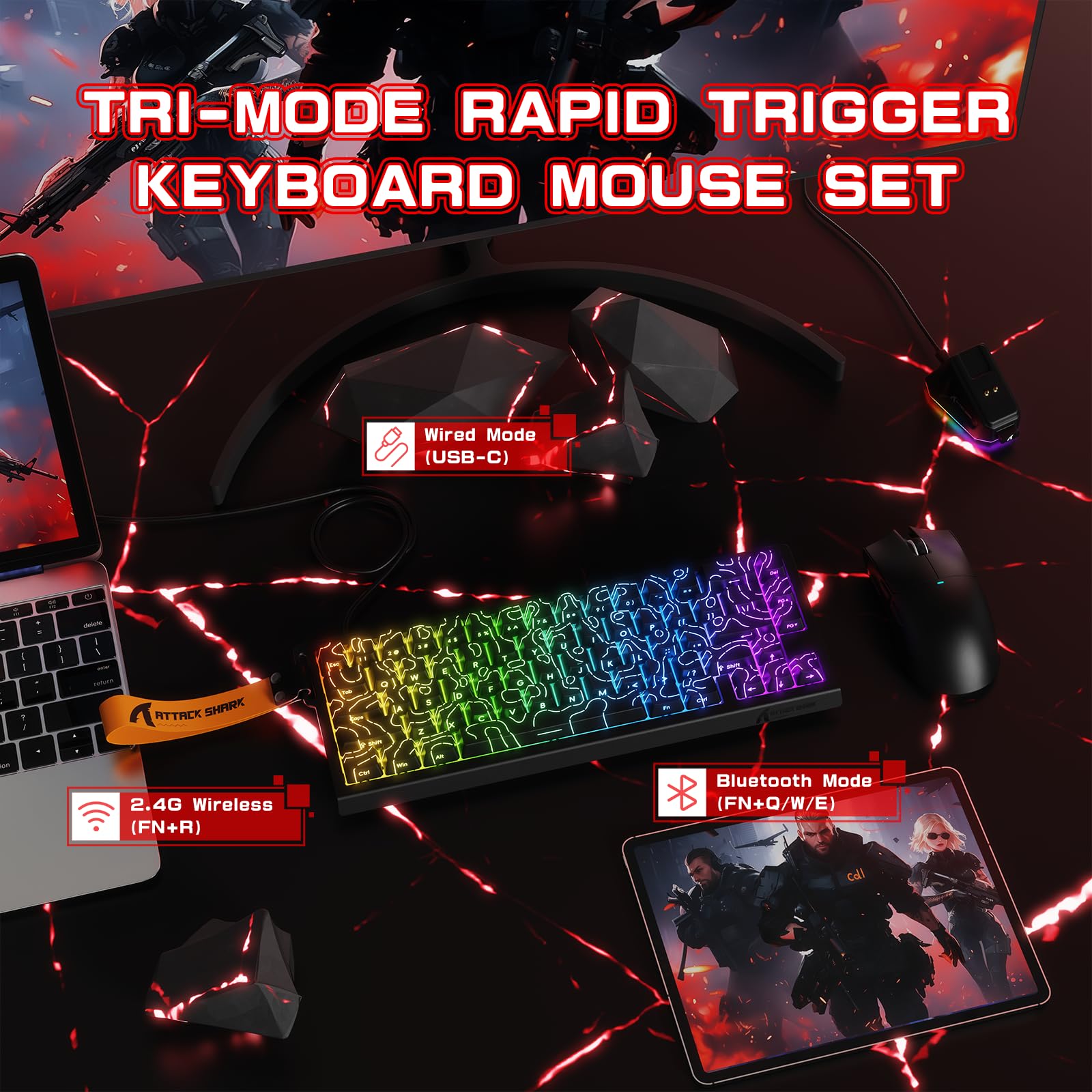 MAMBASNAKE × Attack Shark Teclado y ratón inalámbricos con interruptores magnéticos, Teclado de Disparo rápido de 8 kHz, ratón Gaming trimodo de 59g para pc/Mac(Negro)