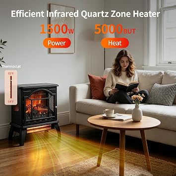 18 Electric Fireplace Stove, 1500W Freestanding Infrared Quartz Heater with 3D Realistic Flame, Remote & Timer, Adjustable Thermostat, Brightness, CSA Listed, Black