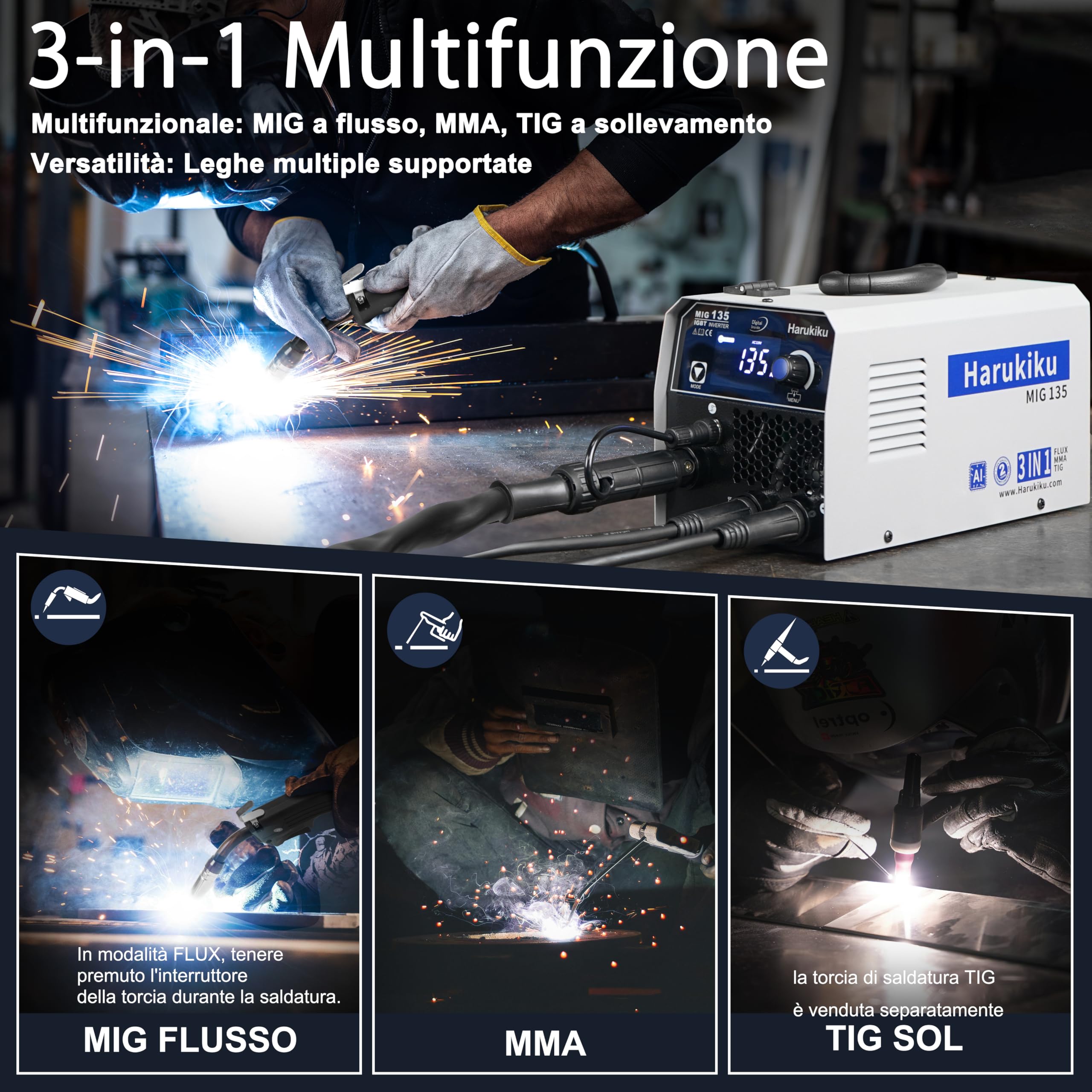 Harukiku135 saldatrice a filo continuo no gas, Saldatrice 3-in-1 Multiprocesso (Flux MIG/MMA/Lift TIG) con Alimentazione Sinergica, Inverter IGBT Compatto per Professionisti & Hobby Domestico