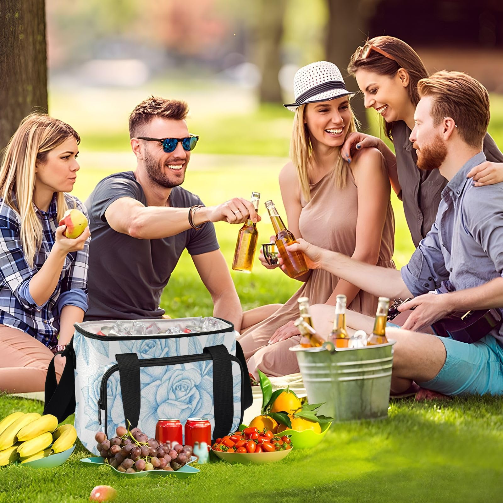 Wudan Jasnoniebieska róża ręczna torba chłodząca z podszewką PEVA Potluck Party Outdoor Lovers