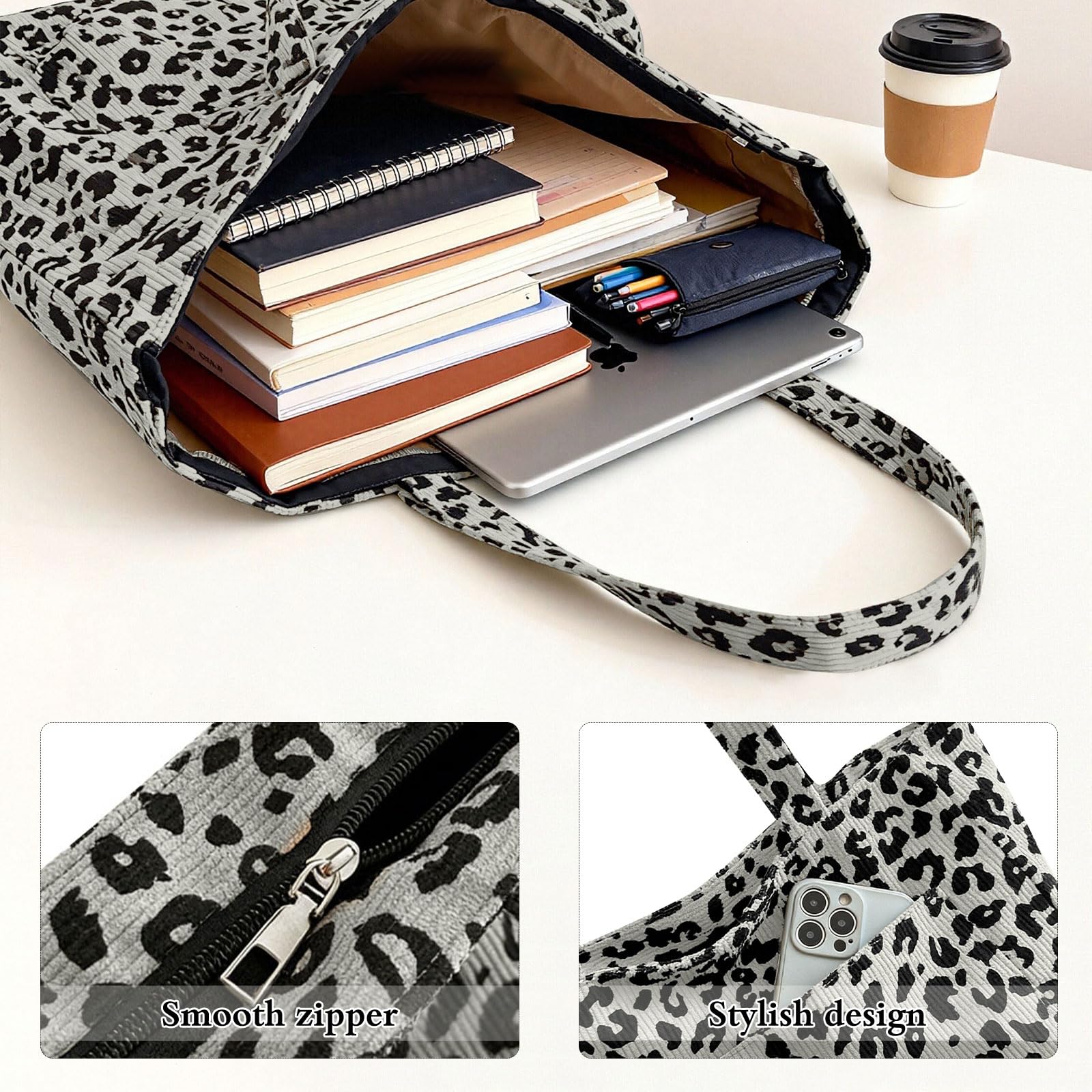 NANYUAYA Leopard Print Gifts Corduroy Tote Bag With Zip Shoulder Bags Women Large Handbag Foldable Tote Bags for School Work Shopping Travel - Image 4