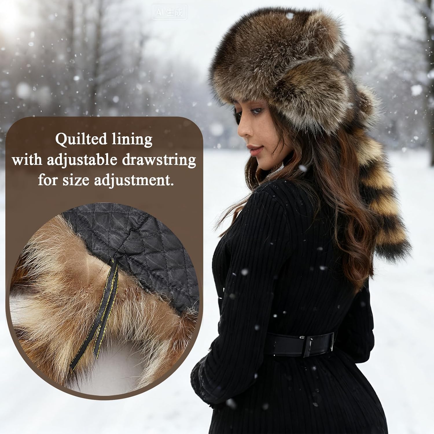 Raccoon Dog Fur Winter Trapper Hat with Ear Flaps & Tail – Russian Winter Hat Cozy Animal-StyleHat for Men Women Kids,L (58~60cm/22.8~23.6in)