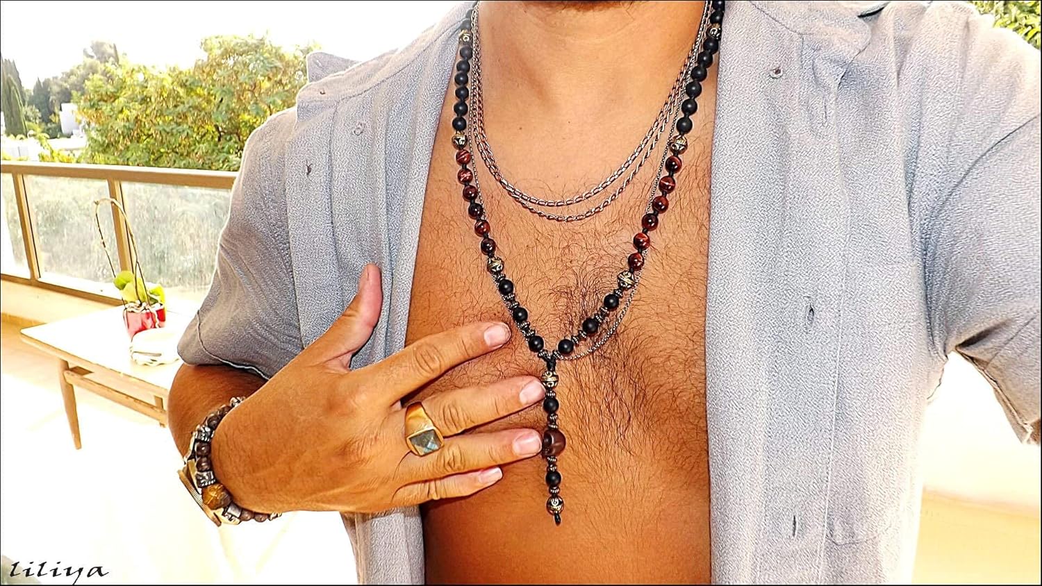 Liliya Jewelry Men’s Red Tiger Eye & Onyx Necklace - 26 Inch Long Gemstone Mala - Jasper Skull Bead - Tribal Boho Surfer Style - Motivation & Protection Gift