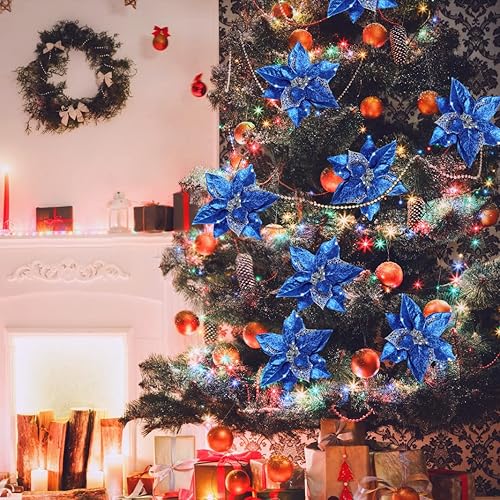 Miniatura 3 de AOKE 16 piezas de flores de Pascua azules artificiales con purpurina para decoración de Navidad con clips, decoraciones grandes de Navidad para